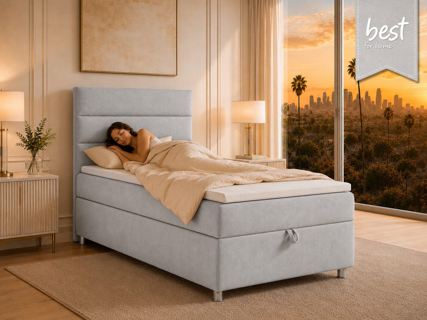 Best for Home Boxspringbett Trinity K-4 Single 5cm Topper Bonell Bettkasten (Einzelbett, Polsterbett mit gepolstertes Kopfteil, Jugendbett, Kinderbett versch. Größen, 1-St., 70x200 80x200 90x200 100x200 cm), Stauraum; ergonomischer Schlafkomfort; modernes Design