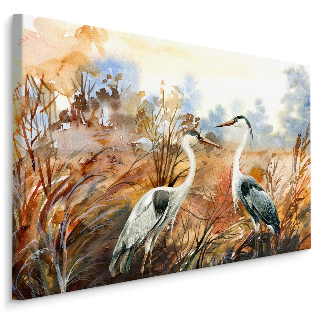 Muralo Leinwandbild Landschaft – Leinwandbild Wandbild Kunstdruck Wohnzimmer, Gewässer (1 St), Natur – Vögel – Kraniche, 90 x 60 cm, aufhängefertig