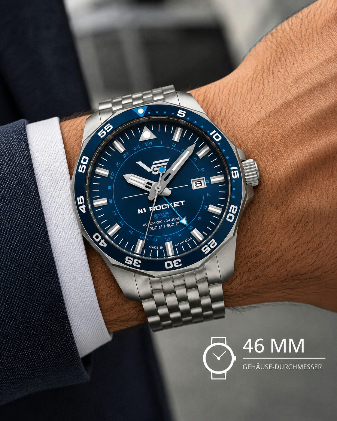 Vostok Europe Automatikuhr Rocket N1 225A712-B Herrenuhr Blau 46 mm Edelstahl 20 ATM GMT