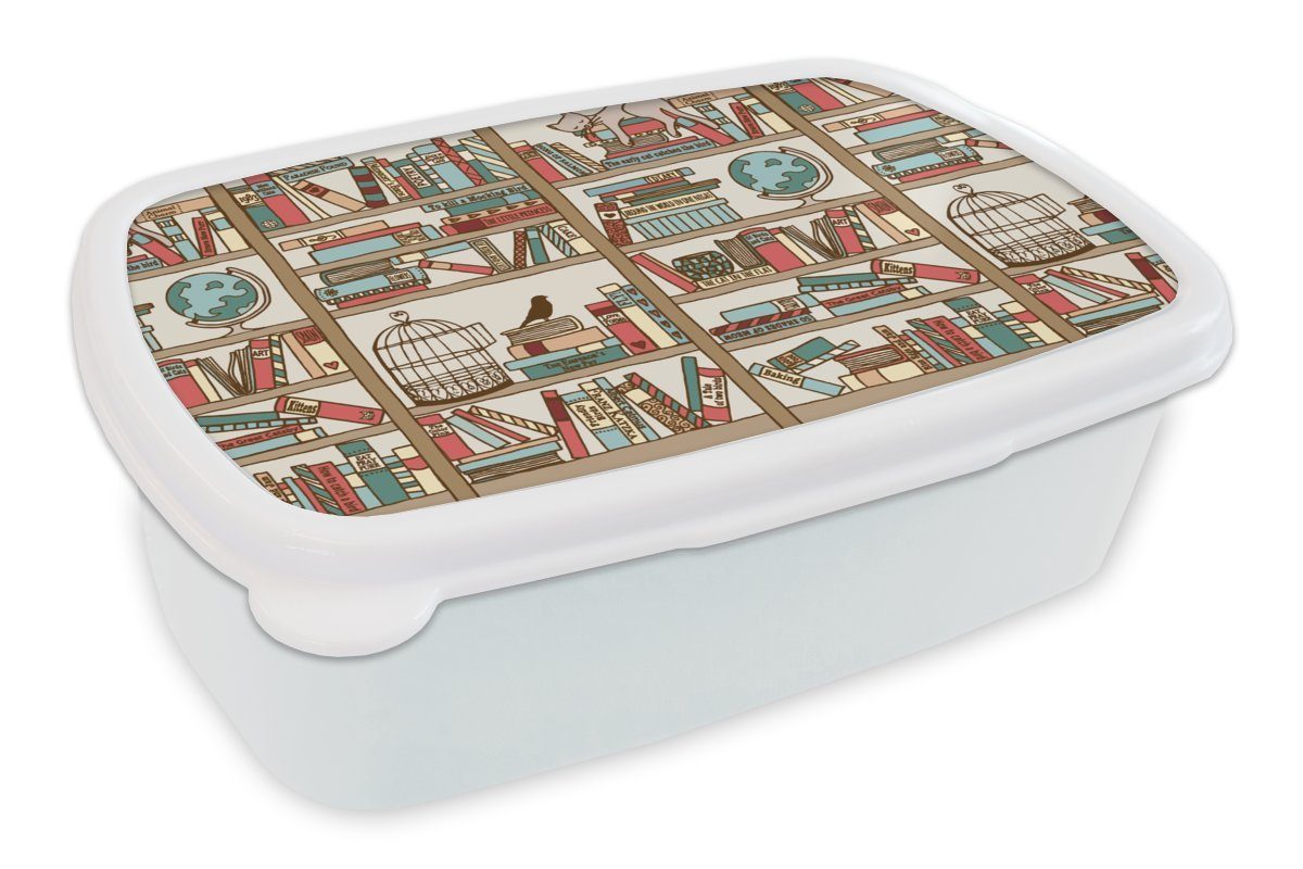MuchoWow Lunchbox Katze - Buch - Schrank - Jungen - Mädchen - Kinder - Kind, Kunststoff, (2-tlg), Brotbox für Kinder und Erwachsene, Brotdose, für Jungs und Mädchen weiß | Lunchboxen