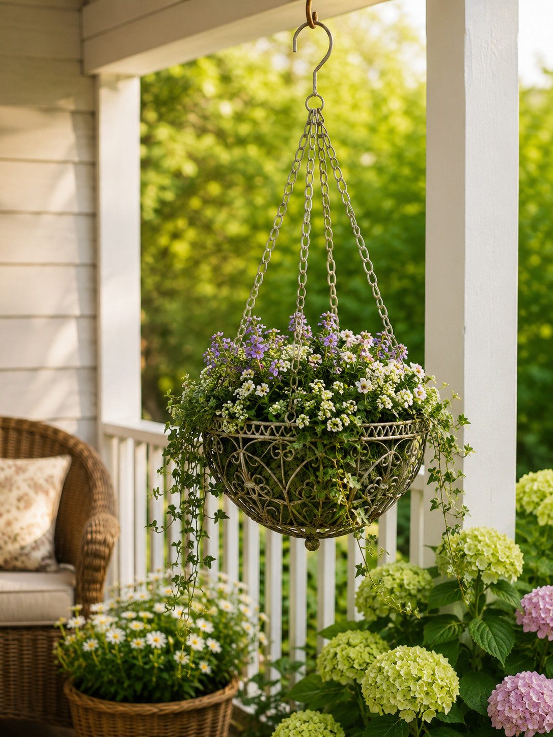 finehomegarden Blumenampel Hängeampel mit Kette Hängekorb Metall Blumenampel grau/braun (1 St), Pflanzkorb zum Aufhängen Ø30cm H68cm für Garten Balkon und Terrasse