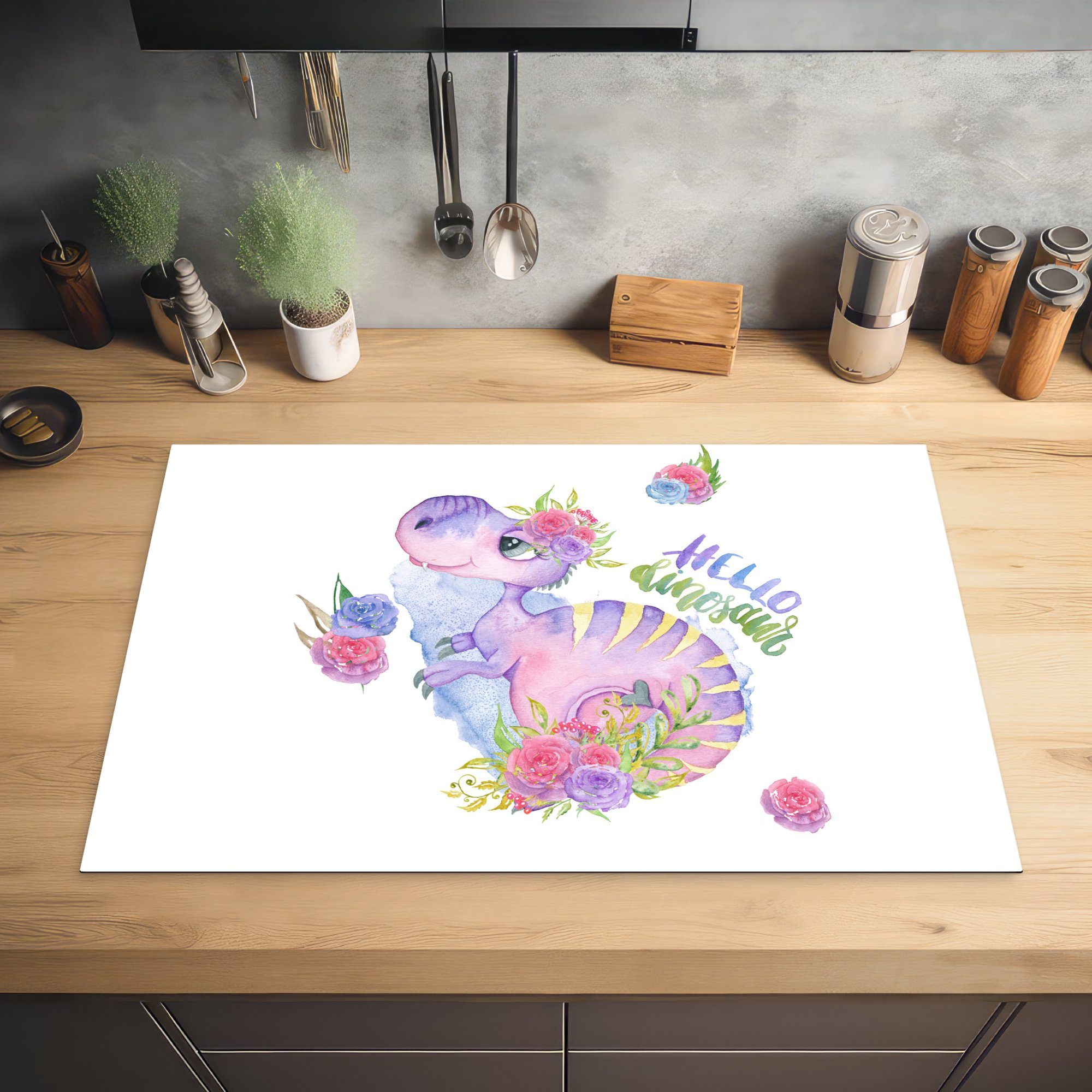 - 81x52 Induktionskochfeld Kinder die Vinyl, - MuchoWow - - Aquarell tlg), Dinosaurier für Herdblende-/Abdeckplatte Schutz Ceranfeldabdeckung (1 küche, Rosa, - cm, Mädchen Kinderzimmer