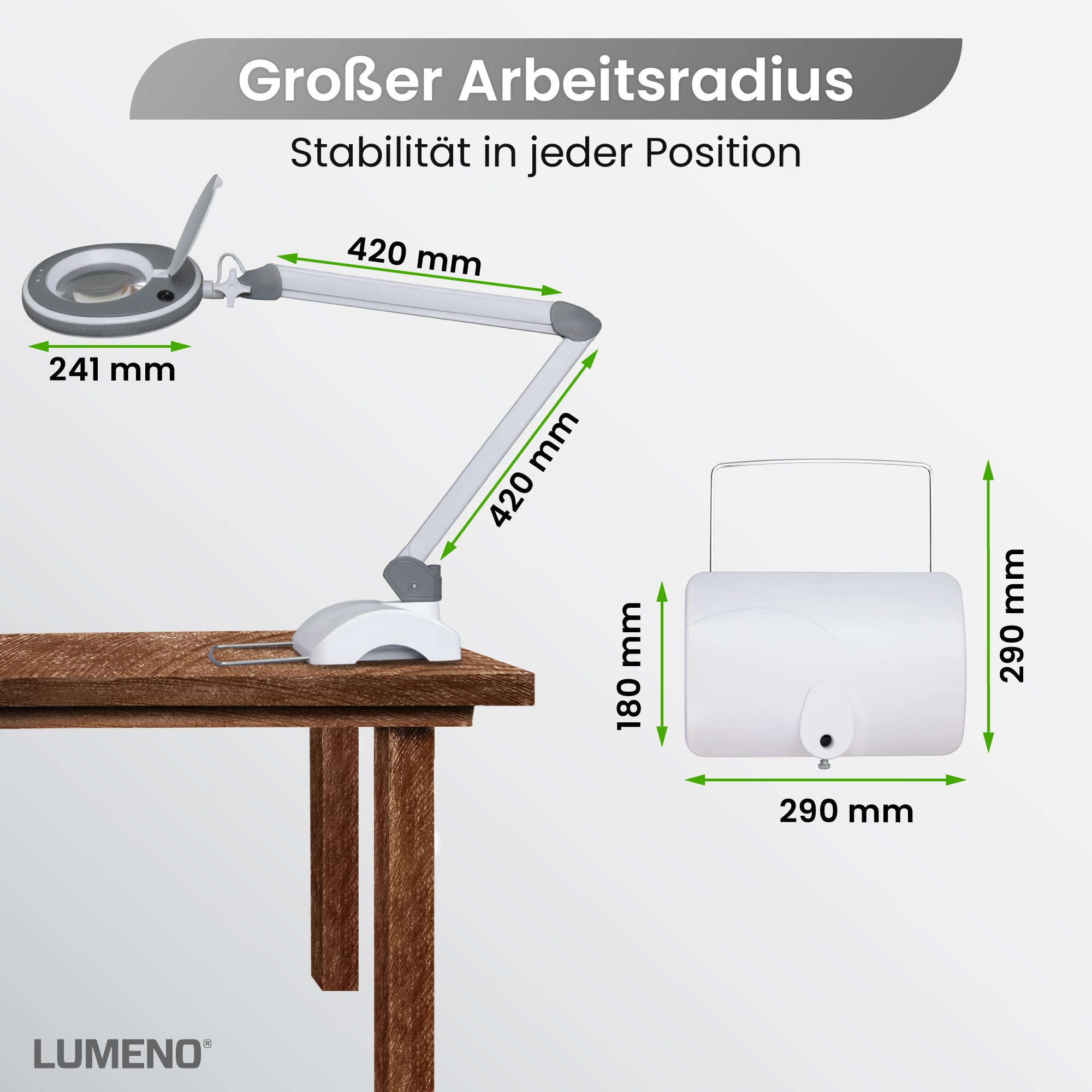 Lumeno Lupenlampe 821X LED dimmbare Lupenlampe mit kristallklarer 127mm Linse, LED fest integriert, Kaltweiß, 6500 K