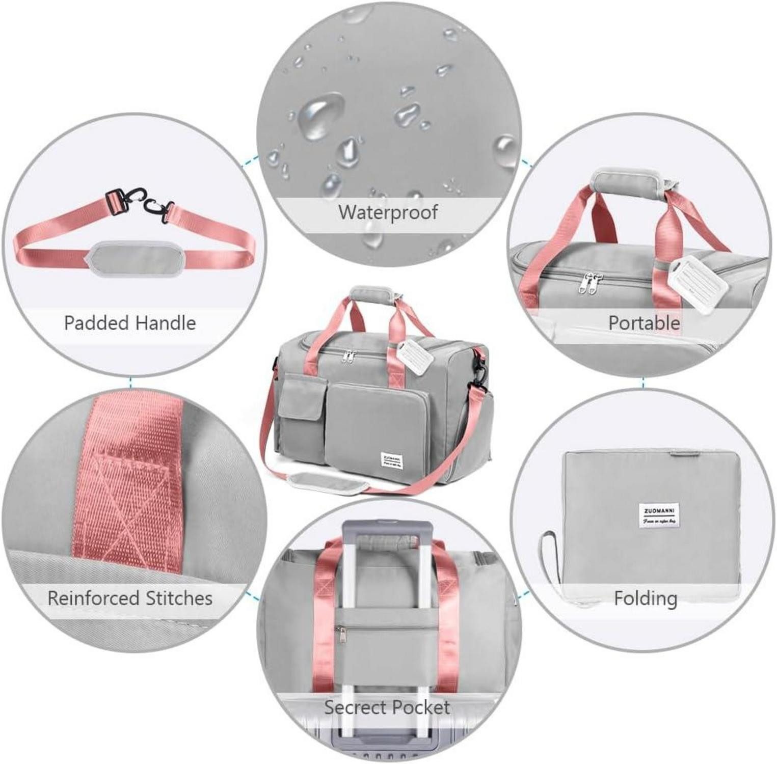 LuxusKollektion Weekender 36L Faltbare Reisetasche Große Weekender Wasserdicht Grau Rosa