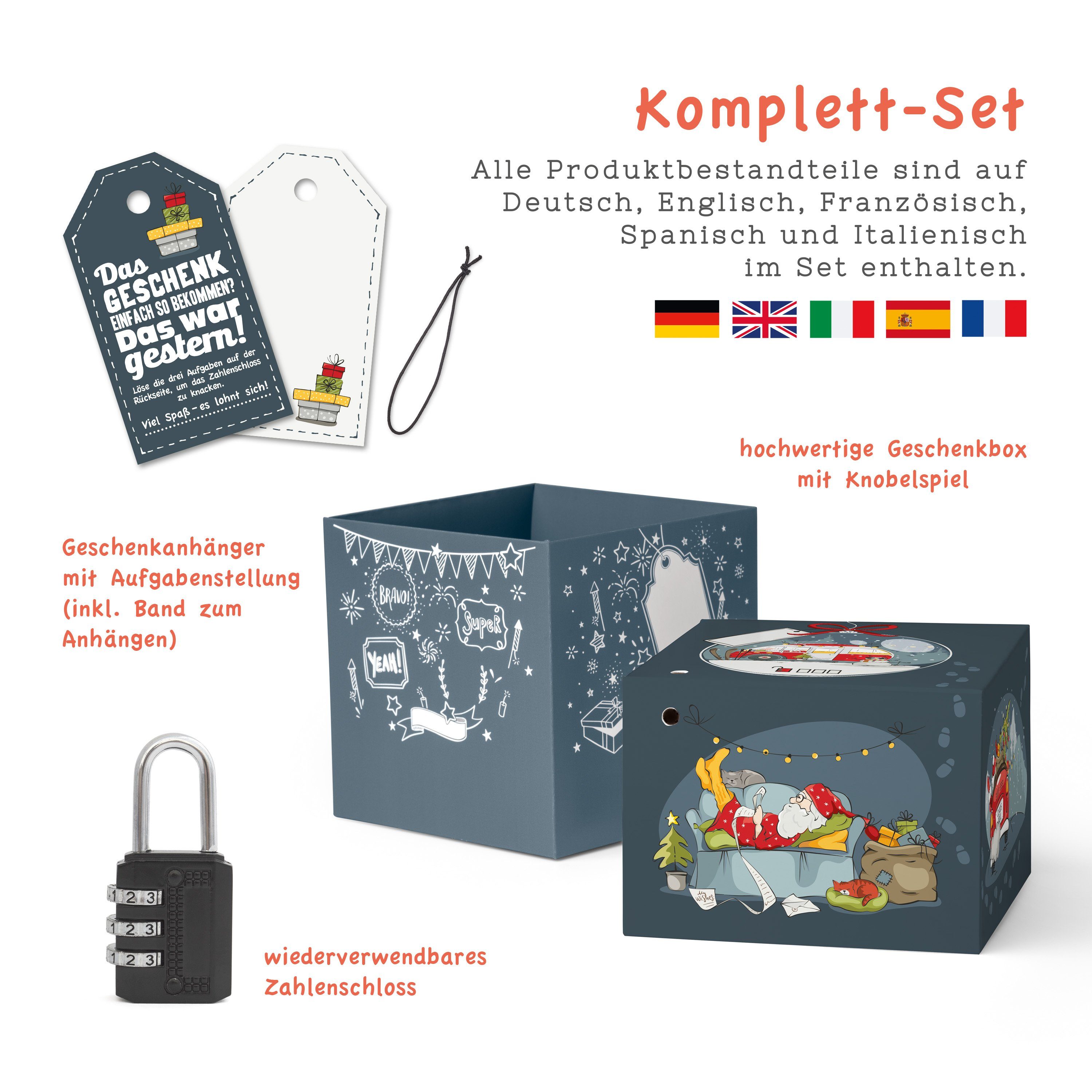 SURPRISA Geschenkbox Geschenkbox Weihnachten, Rätselbox Geldgeschenke oder Gutscheine, Xmas, 12,5 x 12,5 x 12,5 cm, Bunt