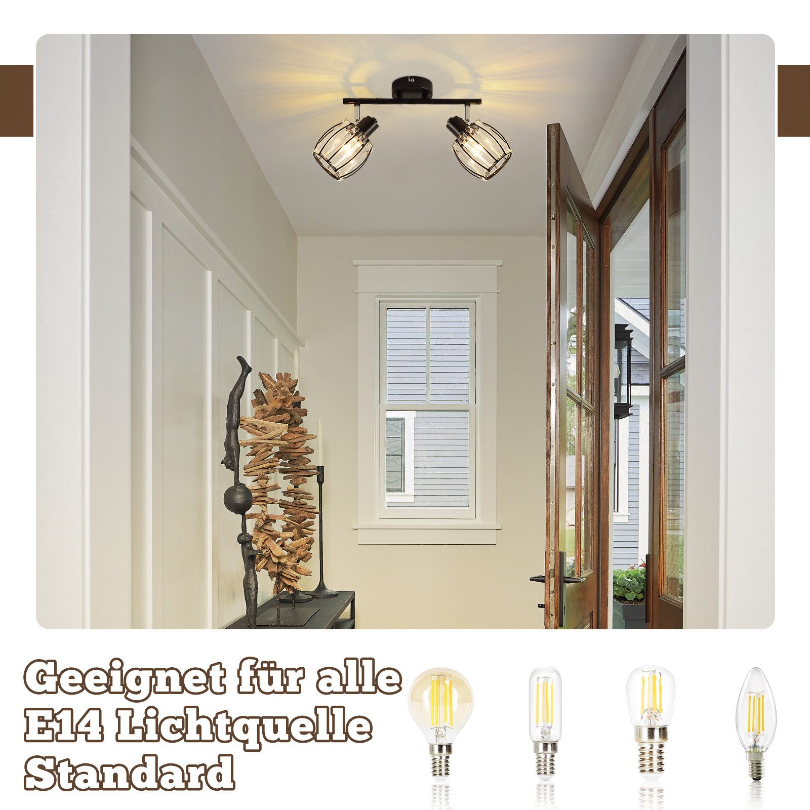 ZMH Deckenstrahler 2/3/4/6 Flammig Retro E14 Deckenleuchte Kristall Lampenschirm Hotel, Einfache Installation, ohne Leuchtmittel, Schwarz 350° Schwenkbar Schlafzimmerlampe