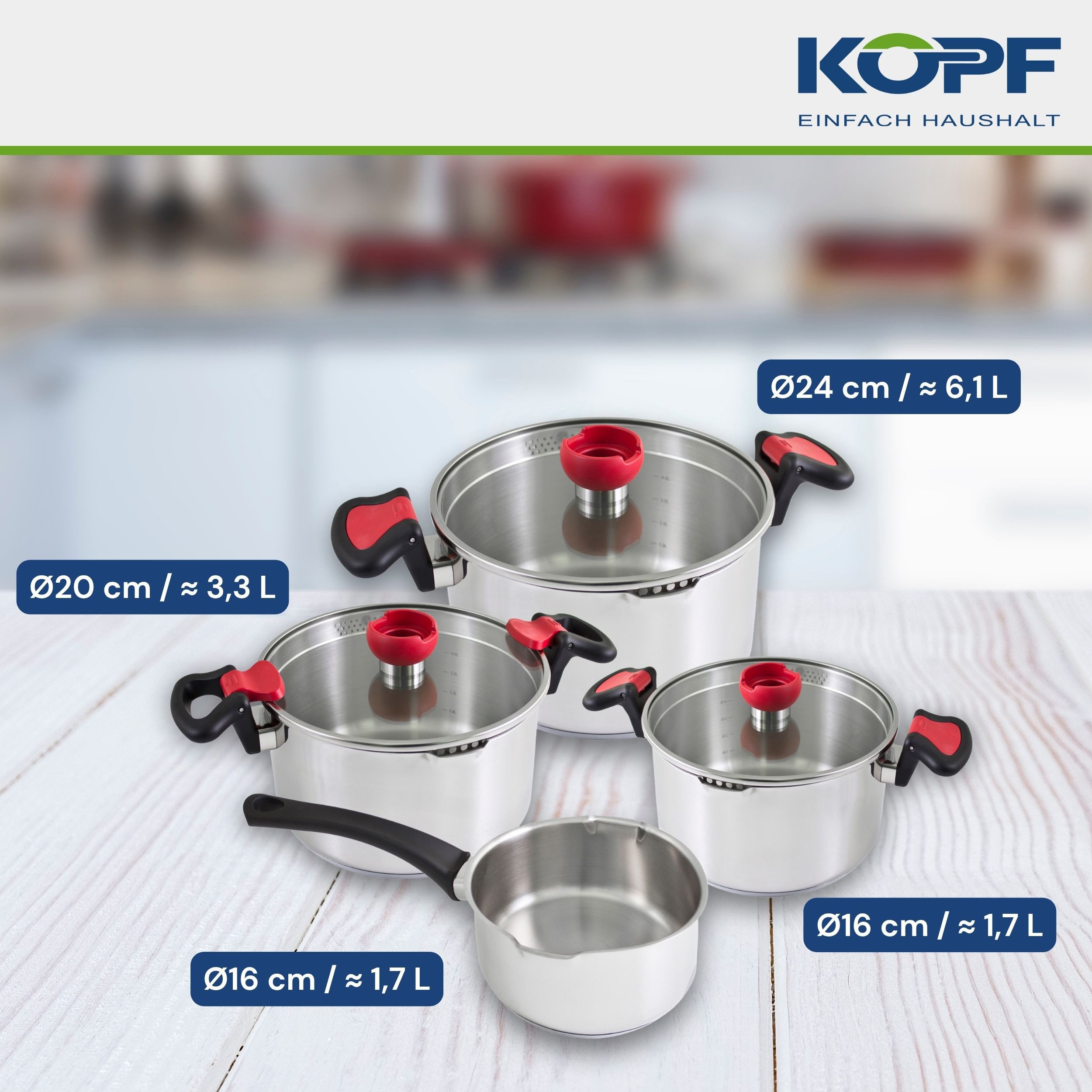 Kopf Topf-Set Kochtopfset Nelo, Edelstahl (7-tlg), mit Deckel, intelligenter Abgießhilfe & integrierter Siebfunktion