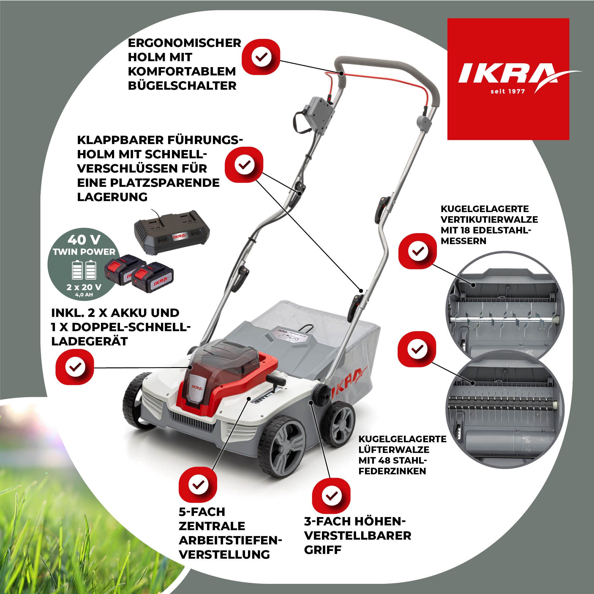 ikra GmbH Akku-Vertikutierer / Lüfter IAVL 2-2040, 40 cm Arbeitsbreite, 3-in-1-System / 40 Volt