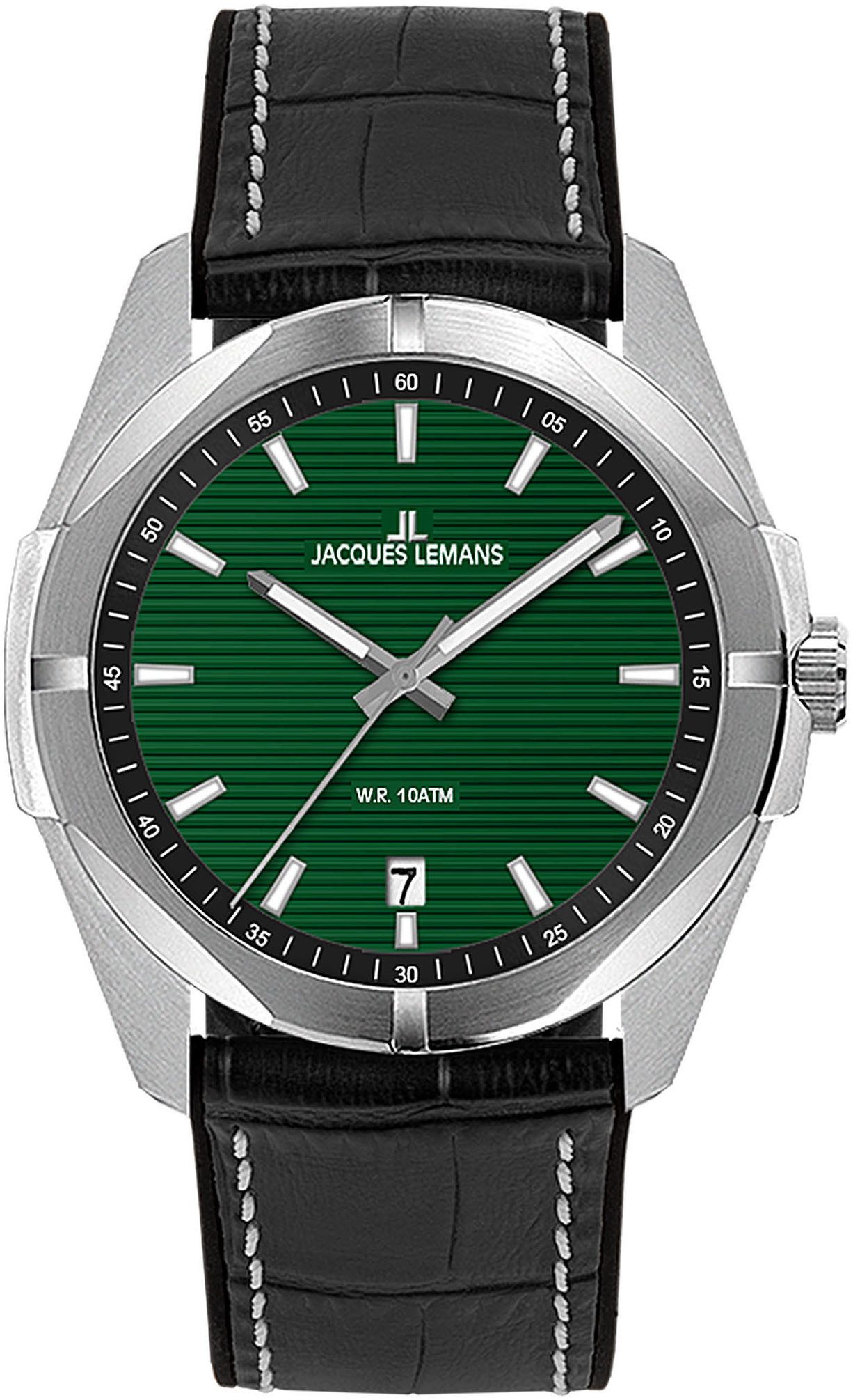 Jacques Lemans Quarzuhr Monte Carlo 1-2176F, Armbanduhr, Herrenuhr, Damenuhr, Datum, Leuchtzeiger, Lederarmband