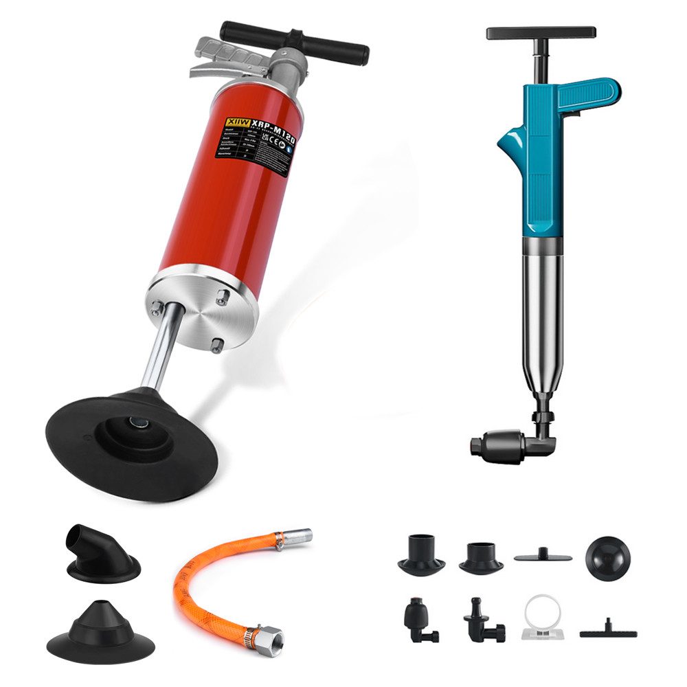 XERSEK Rohrreinigungspumpe Rohrreiniger Toilette Dusche & Spüle Abflussreiniger Druckluft Pumpe, aus Metall Max.10 Bar, mit 2 Aufsätze, 4L Gasmenge