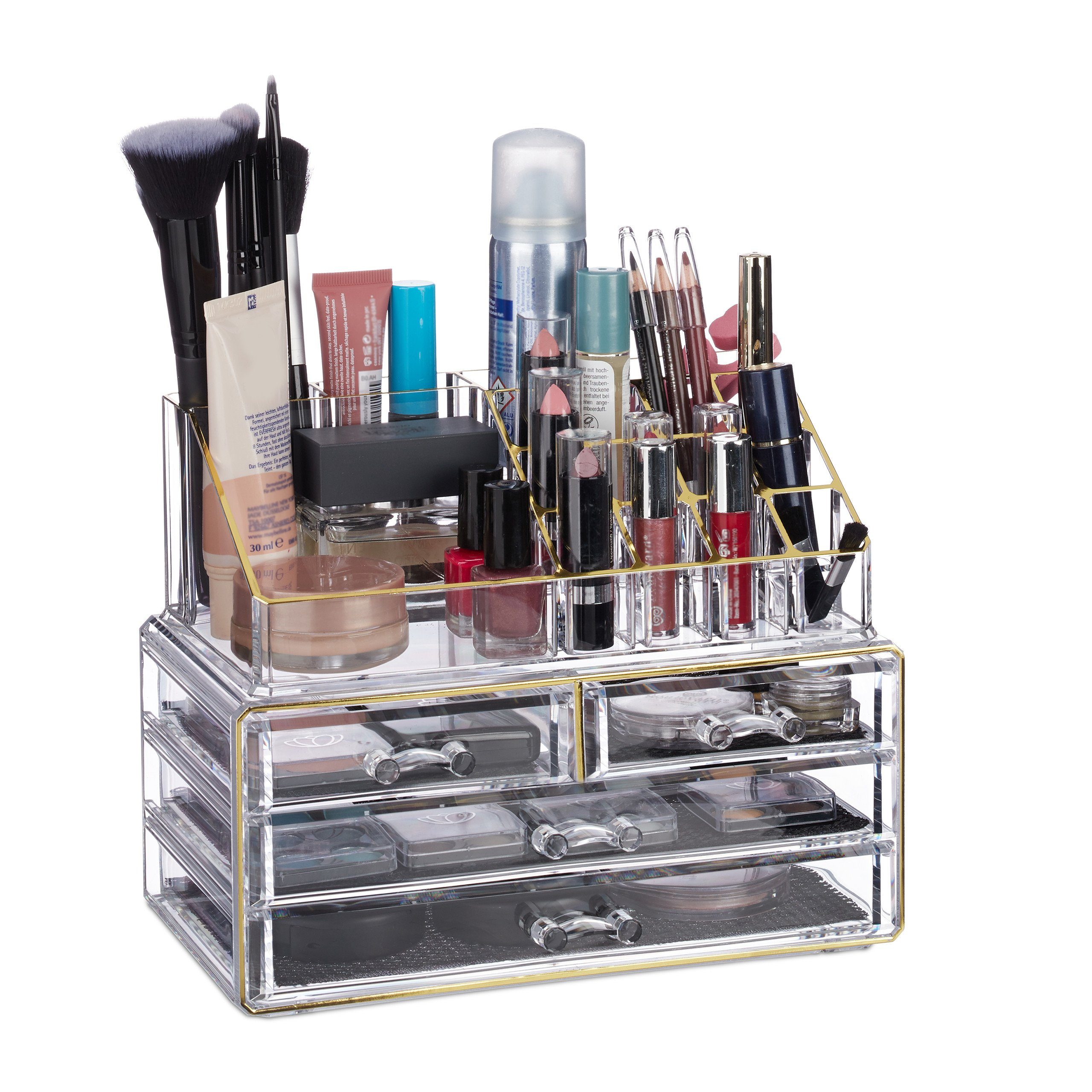 relaxdays Make-Up Organizer mit 4 Schubfächern, 2-tlg., Gold-Streifen