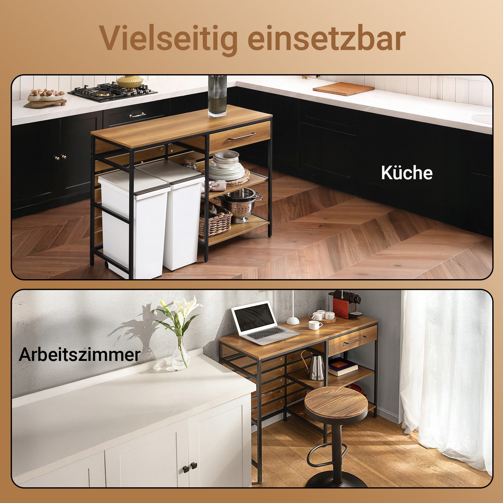 SoBuy Küchenbuffet FSB71, Kücheninsel freistehend, Küchentisch Küchenwagen, Vintage Sideboard mit 1 Schublade und 2 offnen Ablagen Küchenschrank
