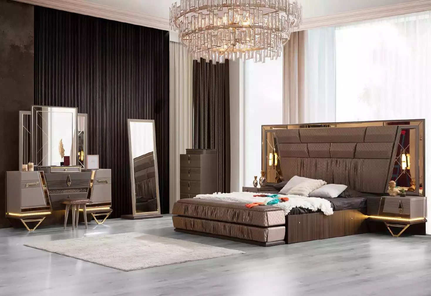 Schlafzimmer-Set Doppelbett Schminktisch Schlafzimmer Garnitur Bett Set Beige Neu