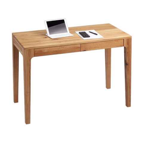 möbelando Schreibtisch Timo, Zeitloser Schreibtisch aus Wildeiche Massivholz geölt mit 2 Softeinzug Schubladen. Breite 110 cm, Höhe 76 cm, Tiefe 55 cm.