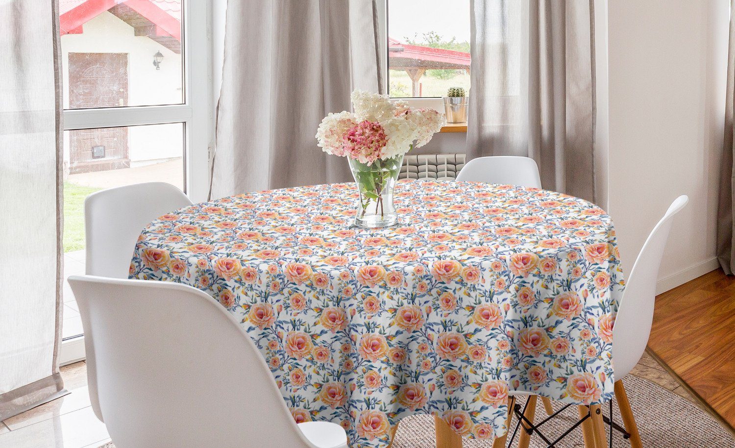 Abakuhaus Tischdecke Kreis Tischdecke Abdeckung für Esszimmer Küche Dekoration, Rose Blüten mit Aquarellen Effect