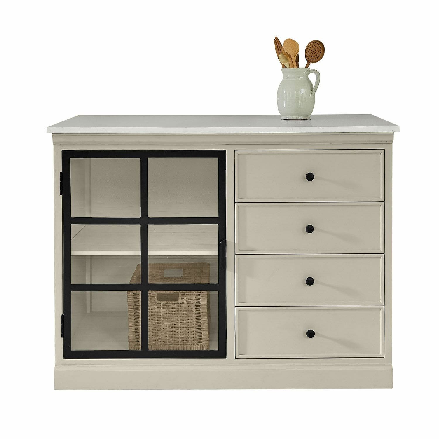Mirabeau Mehrzweckschrank charmanter Küchenschrank Orlévine aus Mangoholz & Kunststein grau (handlackiert, robustes Design, Arbeitsplatte & Stauraum) Küchenvitrine, Kommode, B 116,5cm, H 90,5cm, T 65cm
