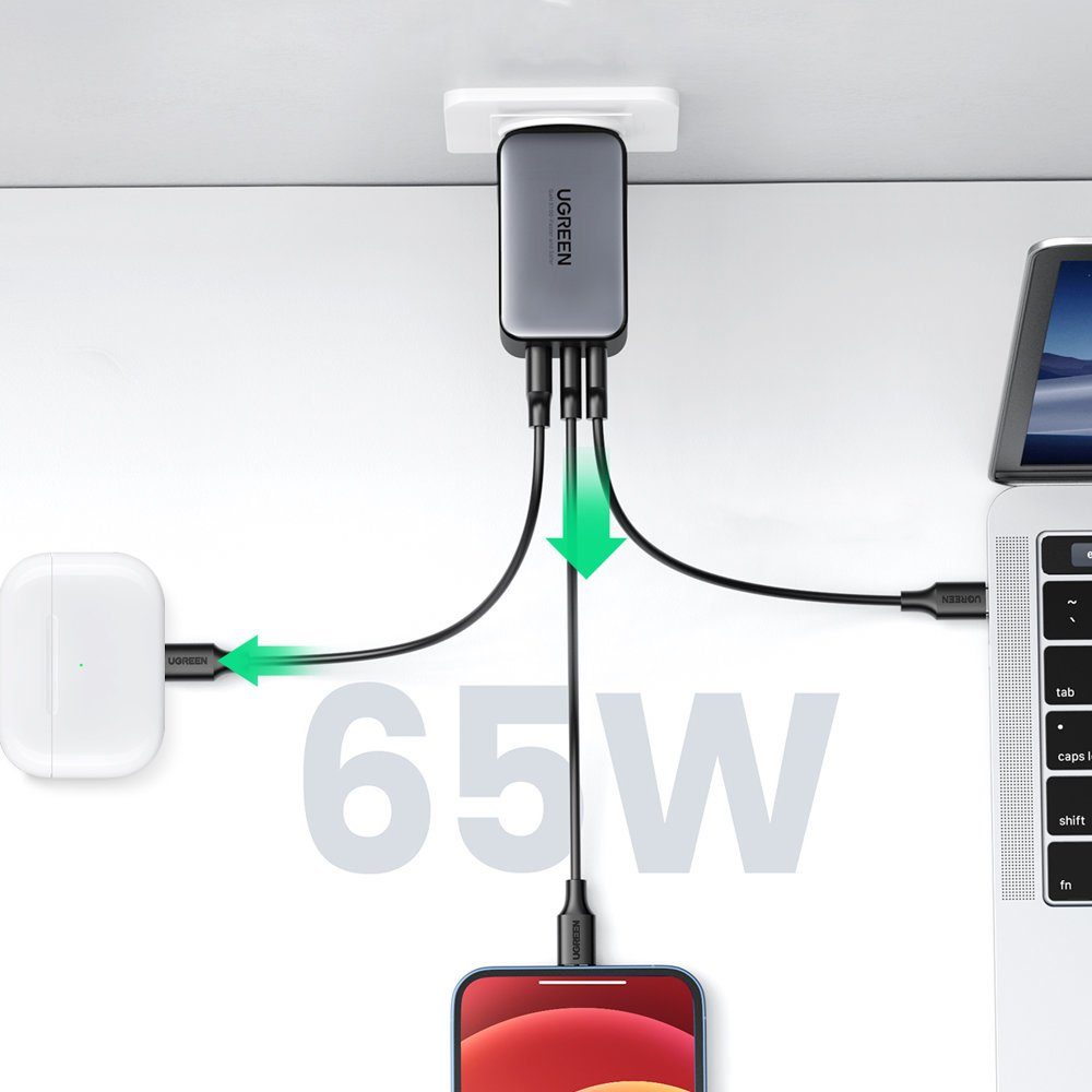 UGREEN GaN Ladegerät 2x USB Type C / 1x USB 65W Power Delivery grau USB-Ladegerät