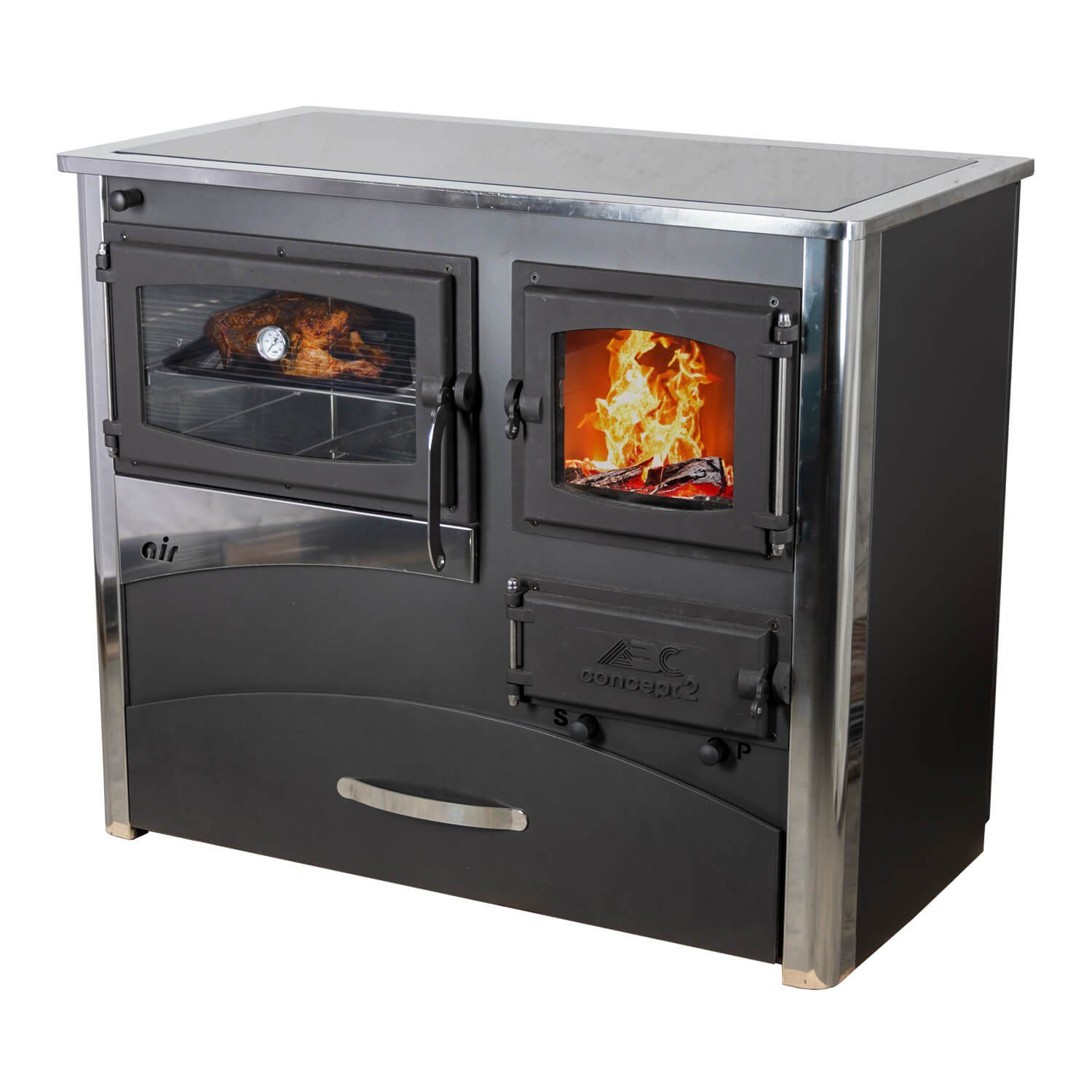 ABC Proizvod Kaminofen mit Backfach und Herdplatte Kochplatte Glaskeramik zum Kochen, 11,60 kW, Dauerbrand, Mehrfachbelegung, mit Herdplatte aus Glaskeramik, für Holz und Kohle
