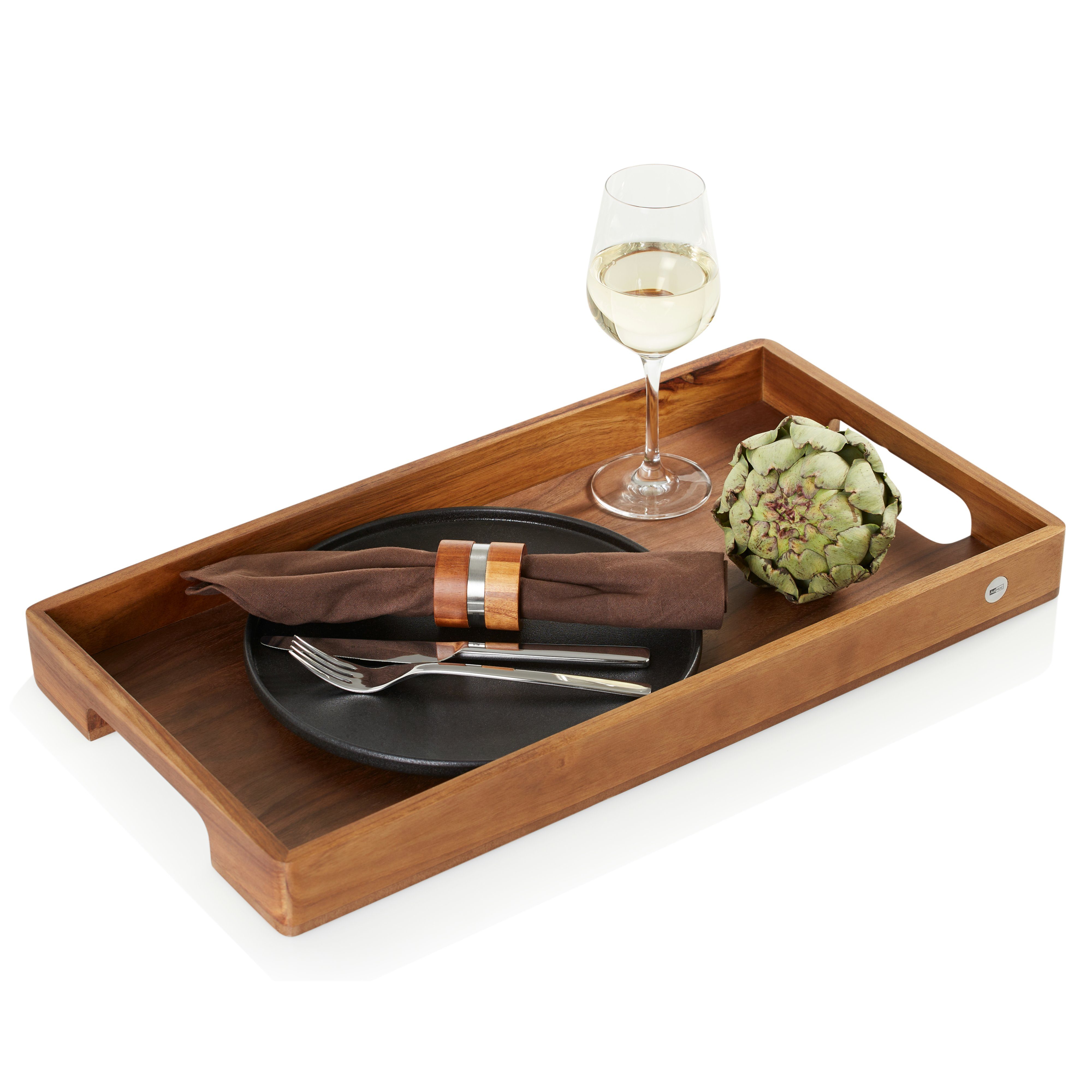 AdHoc Tablett Serviertablett Serve Smart, Akazienholz, Walnussholz, (Dekotablett rechteckig, 1-tlg), hochwertiges Frühstückstablett mit ergonomischen Griffmulden 56x30 cm