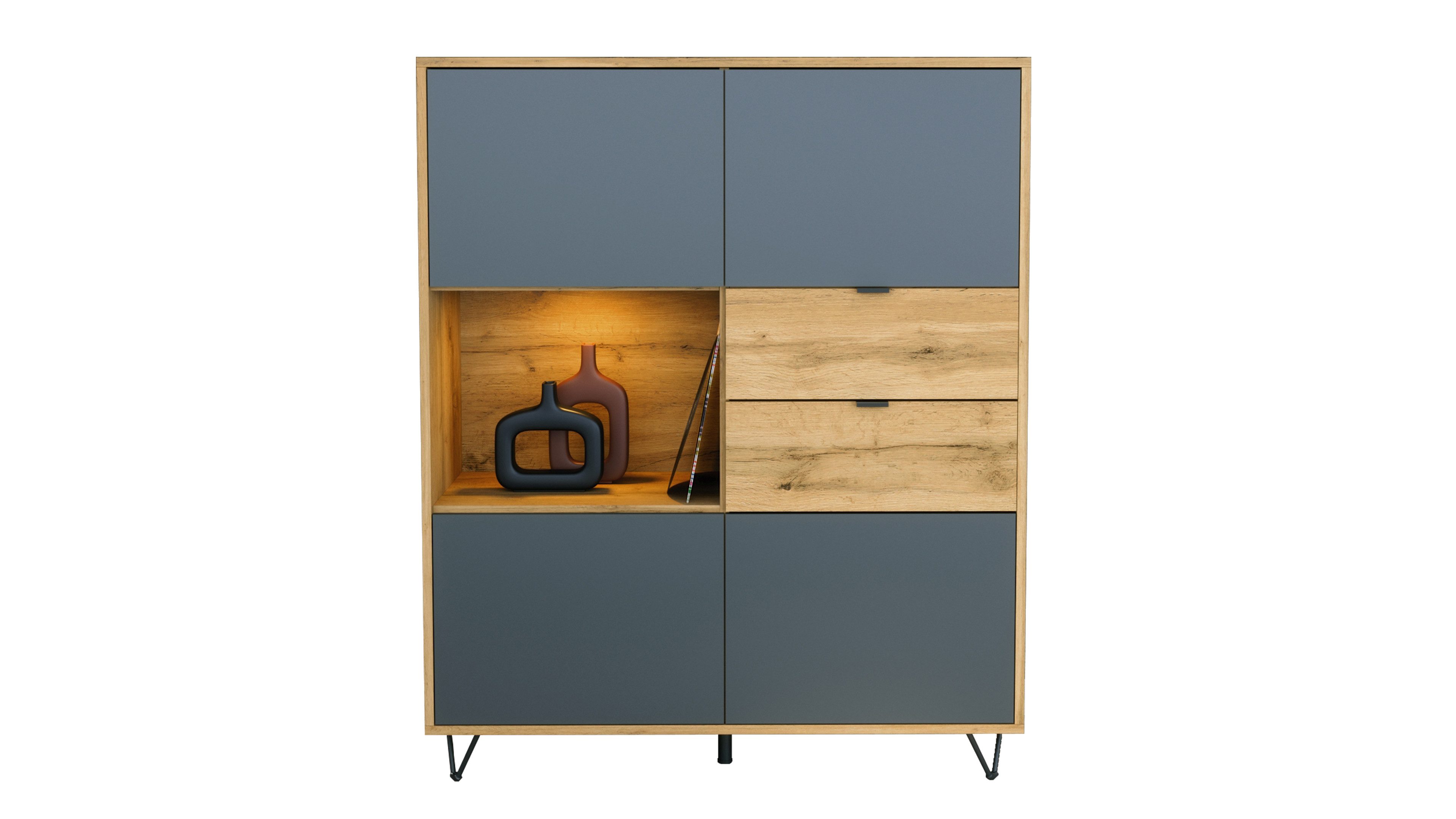 Vladon Highboard Marino (Highboard mit 4 Tür Anthrazit matt, 2 Schubladen Eiche Evoke, inkl. LED, Made in Germany), Korpus Eiche Evoke (103 x 125,5 x 37 cm)