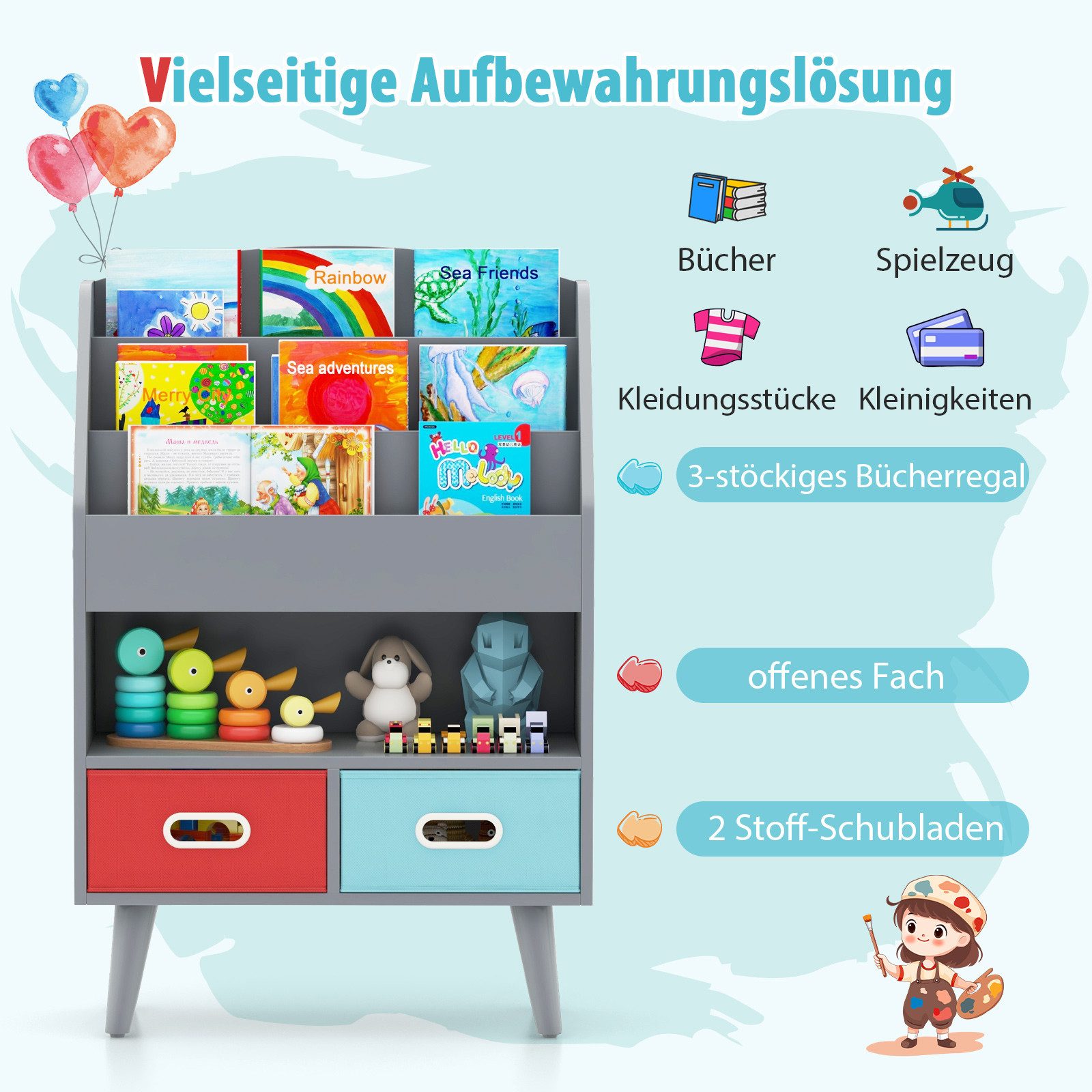 COSTWAY Spielzeugtruhe, Kinderregal mit 3-stufigen Regalen