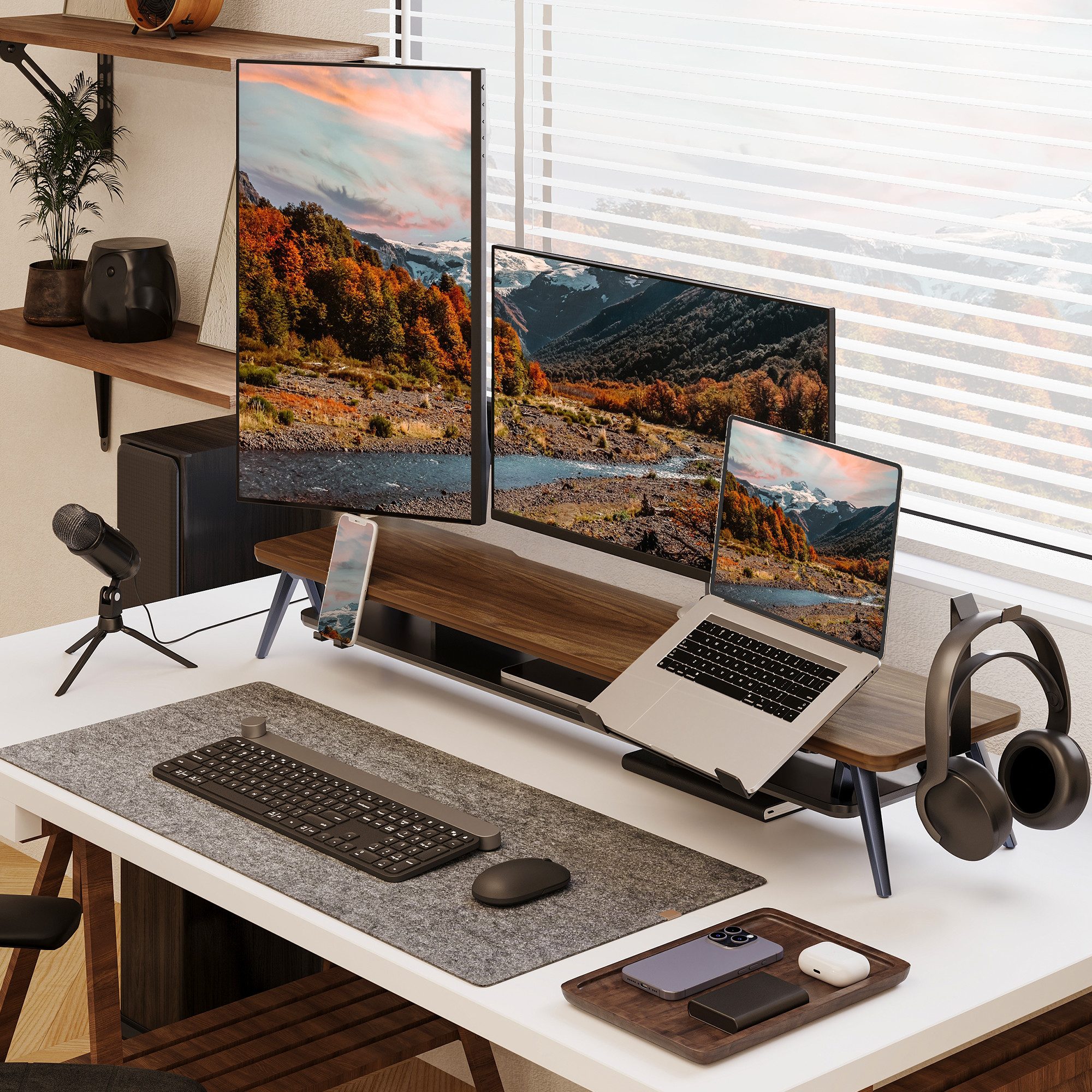 Fenge Monitorständer mit Handyhalterung, Laptop-Ständer und Kopfhörerhaken, 108 cm breit, (Laptop-Ständer verstellbar, wasserabweisend, kratzfest) – Bild 5 von 5