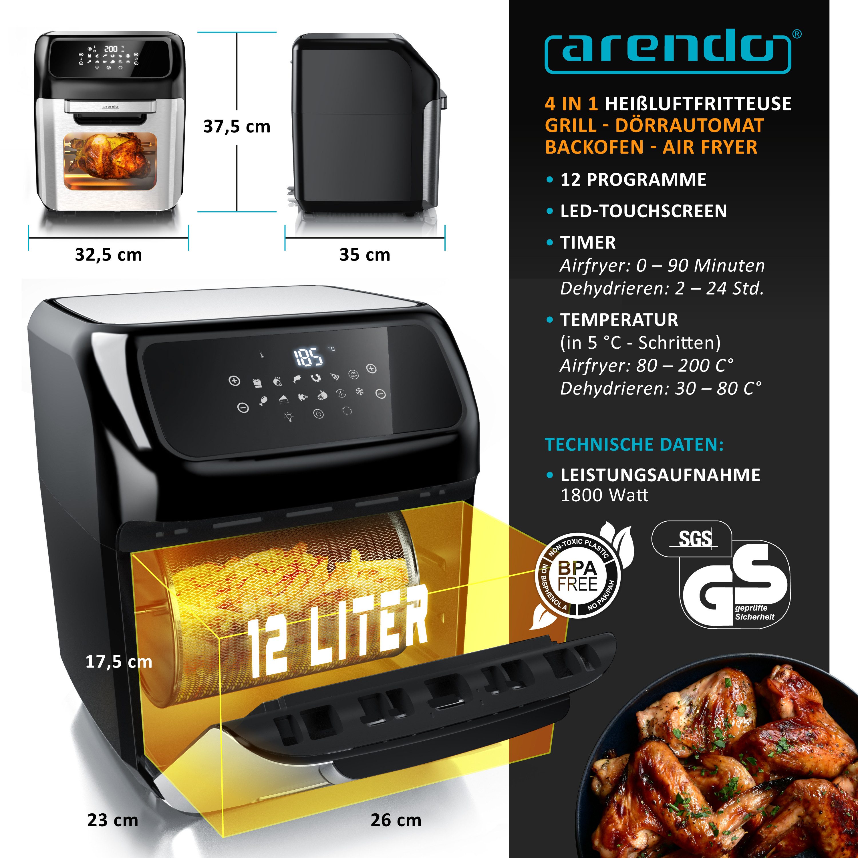 Arendo Heißluftfritteuse Airfryer 12L mit Zubehör, 4in1 Edelstahl Heissluftfritteuse XXL, 1800 W, Mini Backofen, Grill, Dörrautomat, Fritteuse ohne Öl, Umluft D – Bild 2 von 5