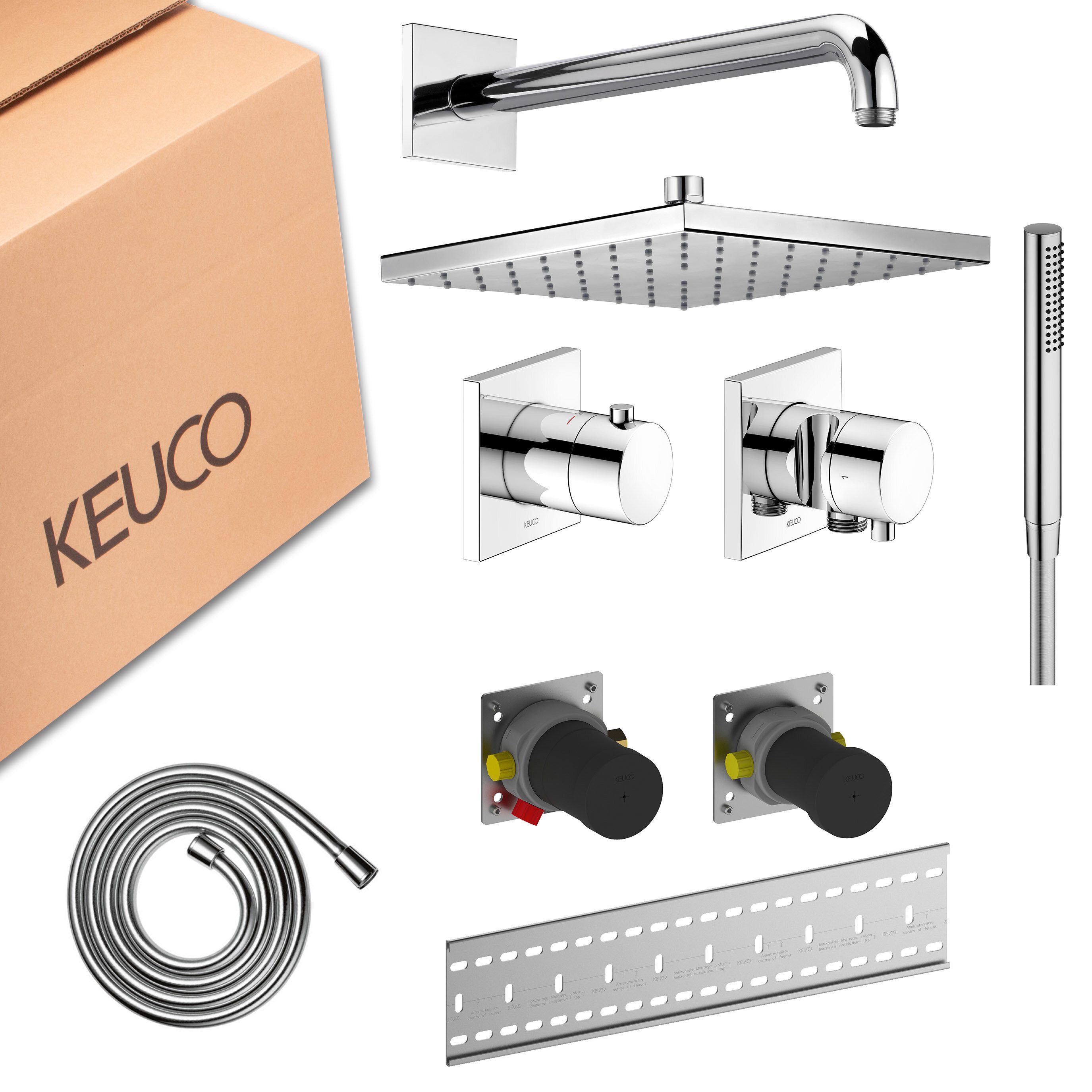 Keuco Duschsystem IXMO, Höhe 38.00 cm, Set, mit Unterputz-Grundkörper & Umstellventil, eckige Rosetten, verchromt