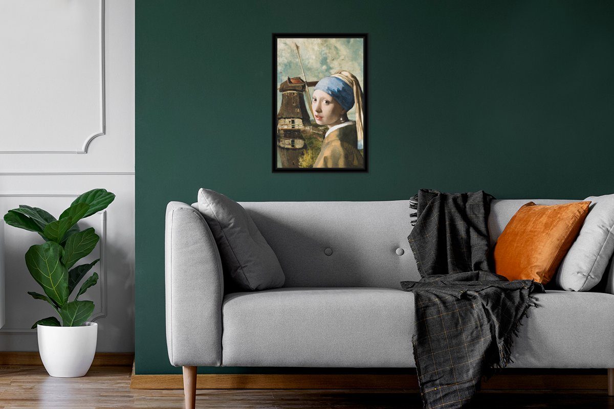 MuchoWow Poster mit - St), dem Wanddeko, Bilderrahmen Bilder, (1 Vermeer Mühle, Das Gerahmtes Schwarzem Mädchen Perlenohrring Poster, Johannes Wandposter, 