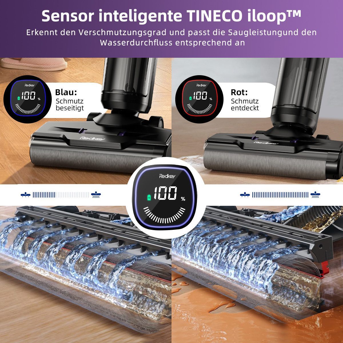 Redkey Nass-Trocken-Akkusauger 2026 Nass Trockensauger 18000Pa Nass-Trocken-Staubsauger Smart 3 in 1, 300 W, 65dB leise/11-Stufen-Filter/OLED Display/Fliesen/Marmor