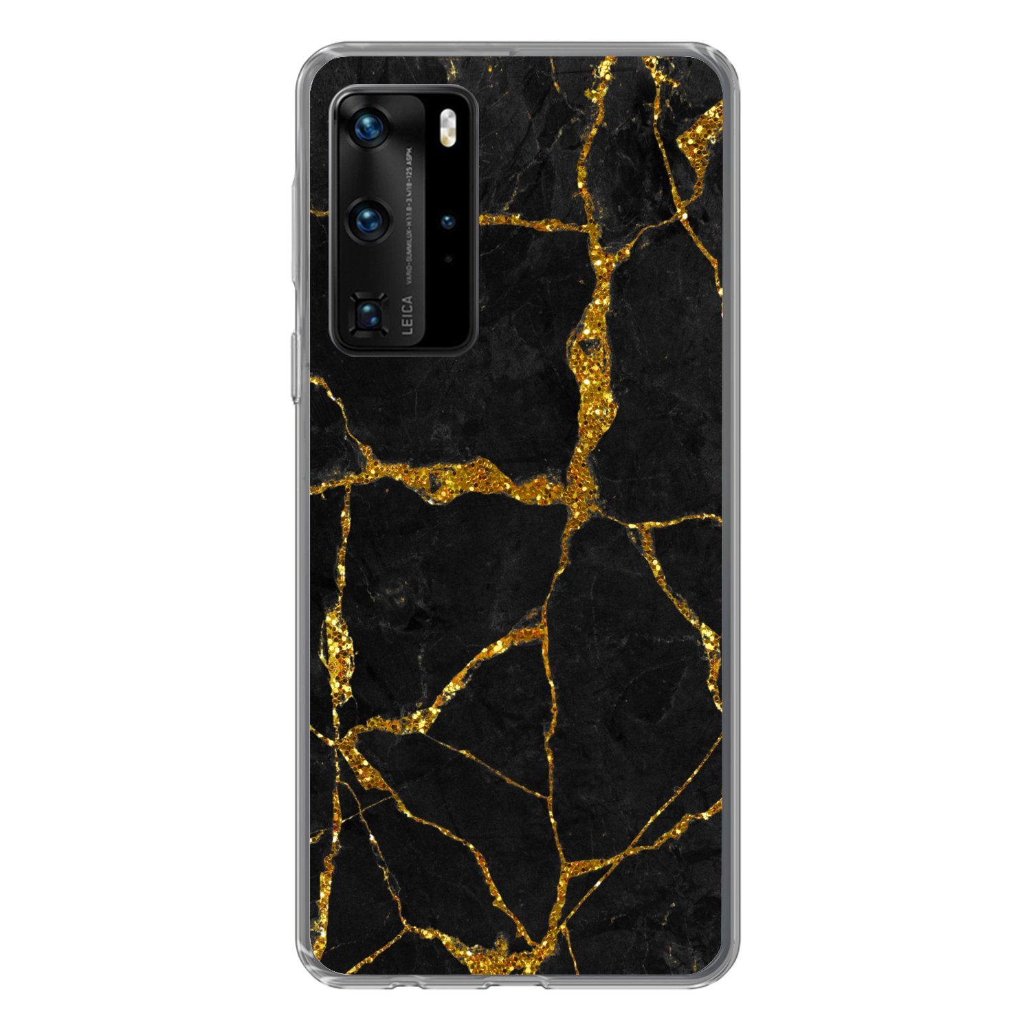 MuchoWow Handyhülle für Huawei P40 Pro Marmor - Gold - Schwarz - Marmoroptik - Glitter, Handy Case, Silikon, Bumper Case Dünn