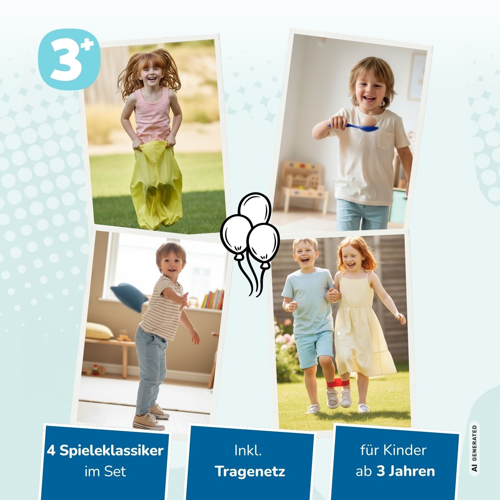 alldoro Spielesammlung Partyspiele Set für Kinder, Spielesammlung für Kindergeburtstag, 18-teilig mit Sackhüpfen, Eierlauf, Säckchen werfen und Dreibeinlauf