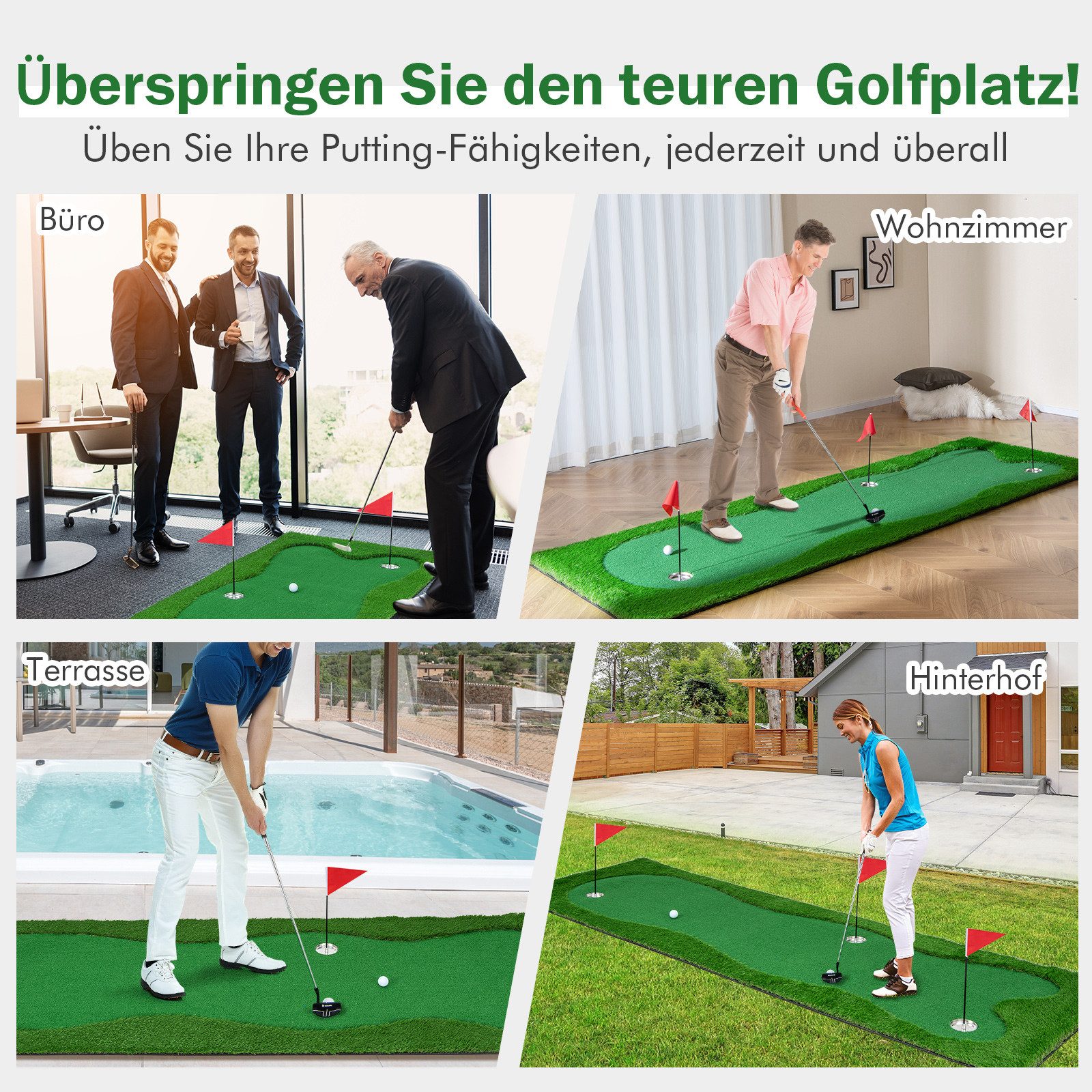 COSTWAY Puttingmatte, 300 x 100cm Golfmatte mit 3 Löcher