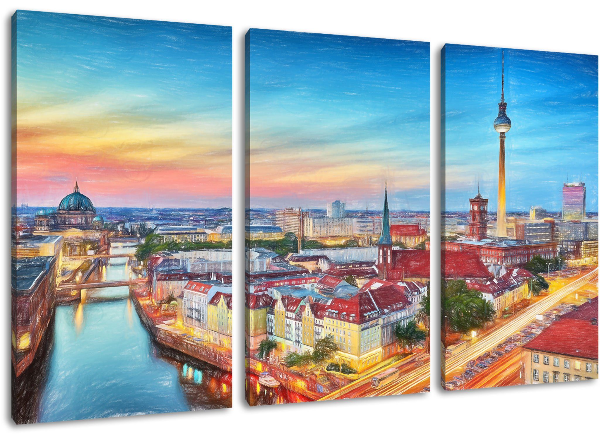 Pixxprint Leinwandbild Berlin fertig bespannt, (120x80cm) Panorama, Panorama St), (1 3Teiler City Zackenaufhänger inkl. Berlin City Leinwandbild