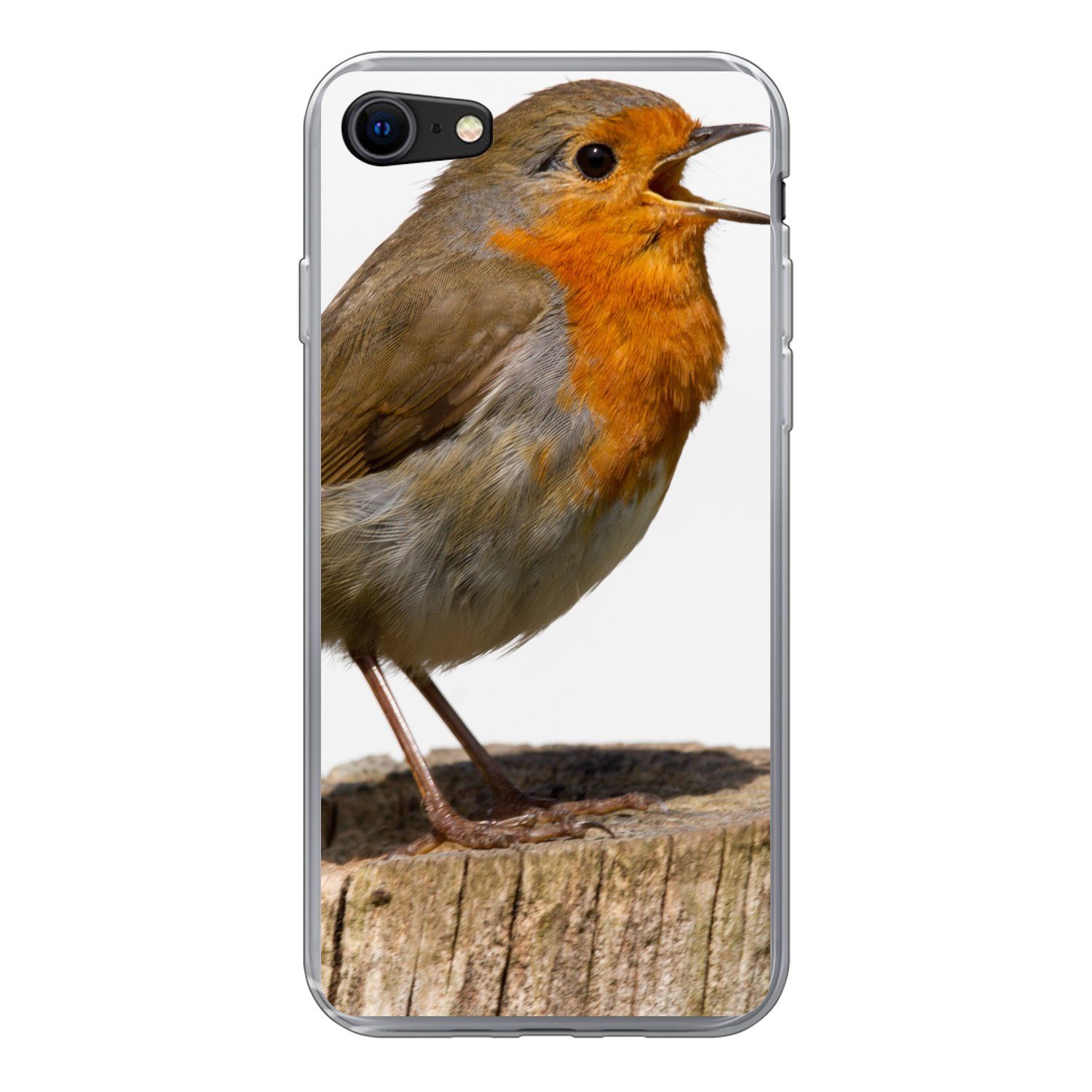 MuchoWow Handyhülle für Apple iPhone 8 Rotkehlchen - Vogel - Holz, Smartphone-Bumper, Print, Handy Schutzhülle Dünn