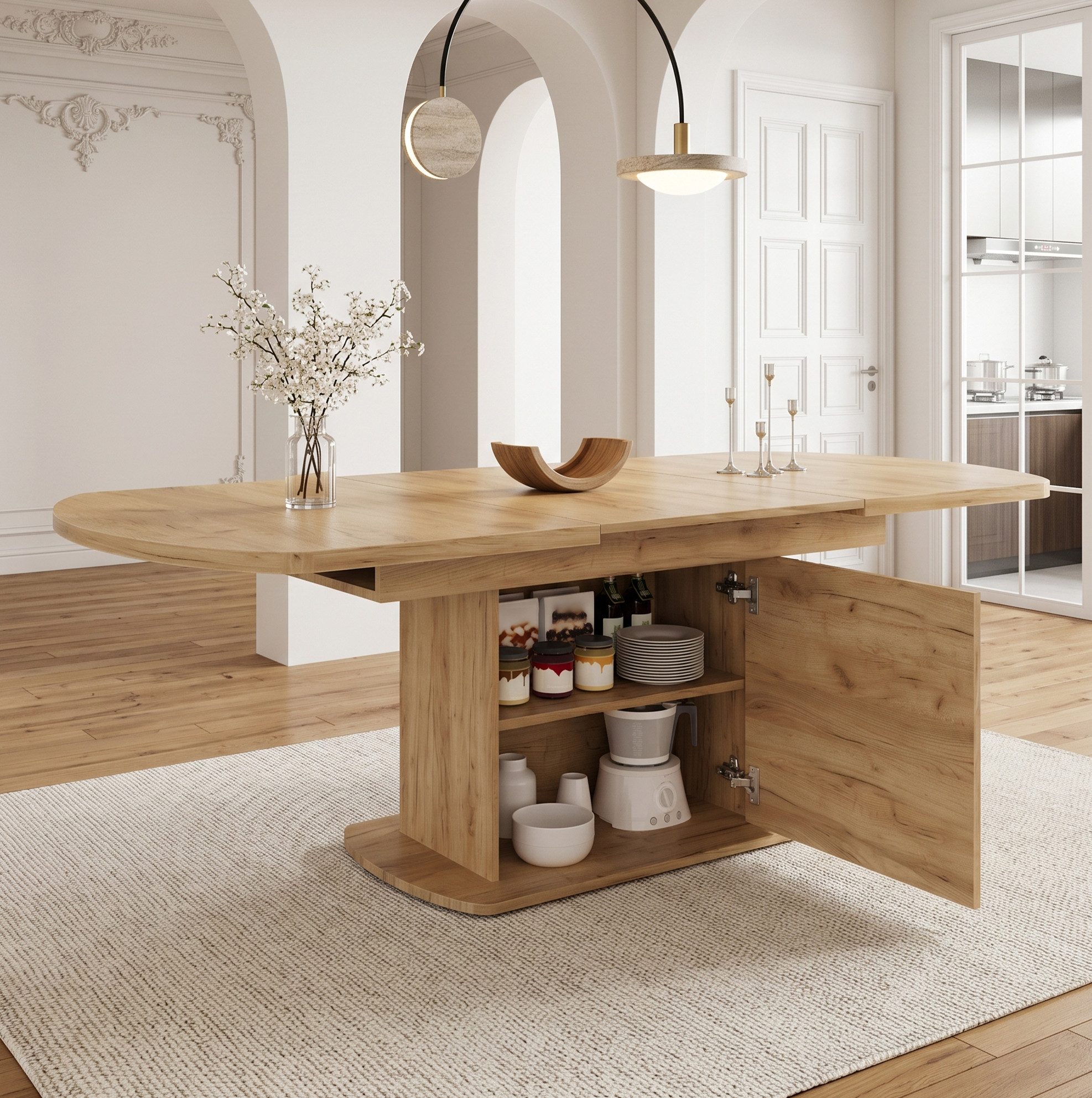 OKWISH Esstisch Ausziehbarer Tisch mit Stauraum & multifunktionalem Design (Packung, 1-St., Weiß+Silber, 140/200×80×75 cm, platzsparend), verstellbare Länge 140–200 cm, Aufbewahrungsschrank