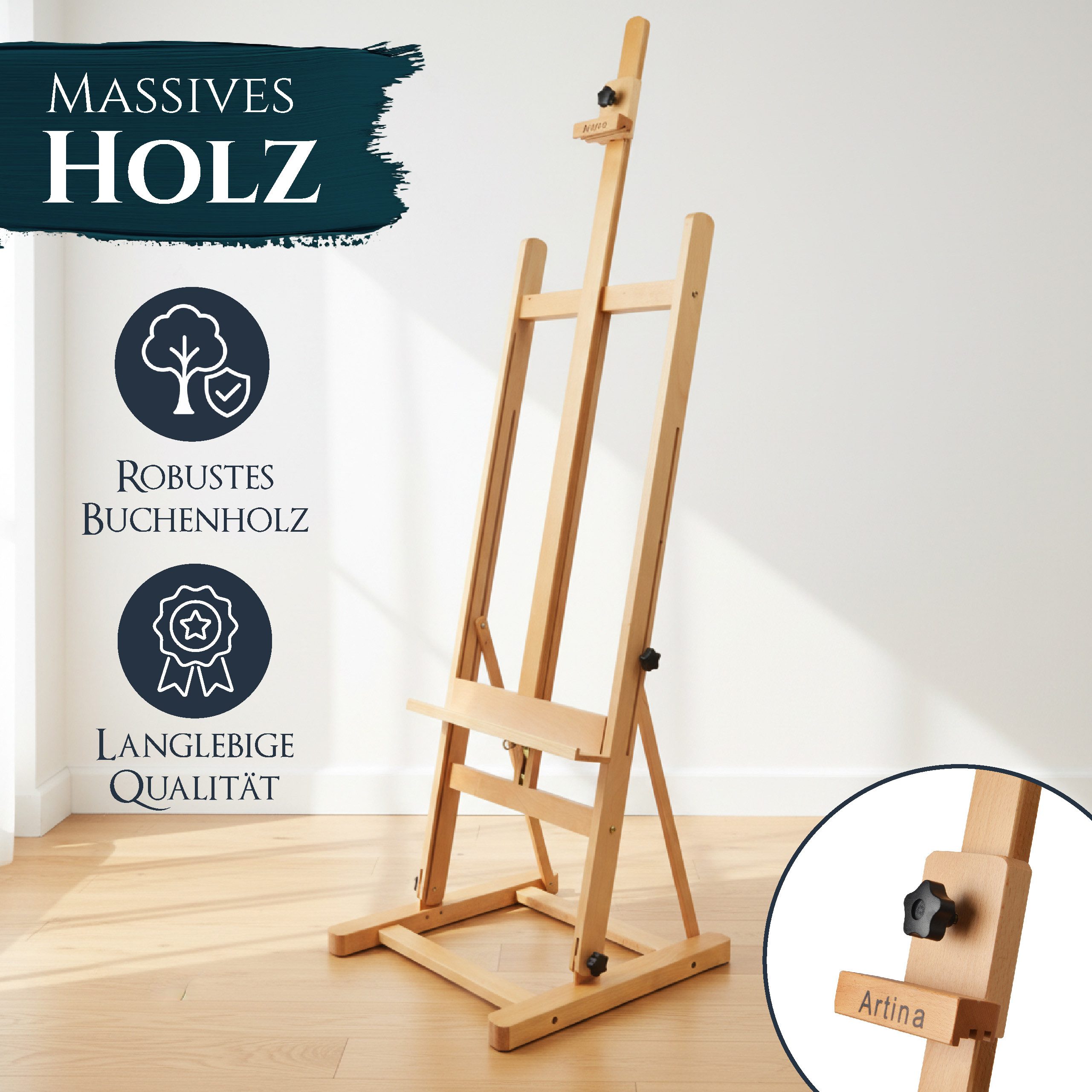 Artina Staffelei Atelierstaffelei Siena Staffelei für Leinwände bis 125 cm, Massive Holzstaffelei aus geöltem Buchenholz klappbar