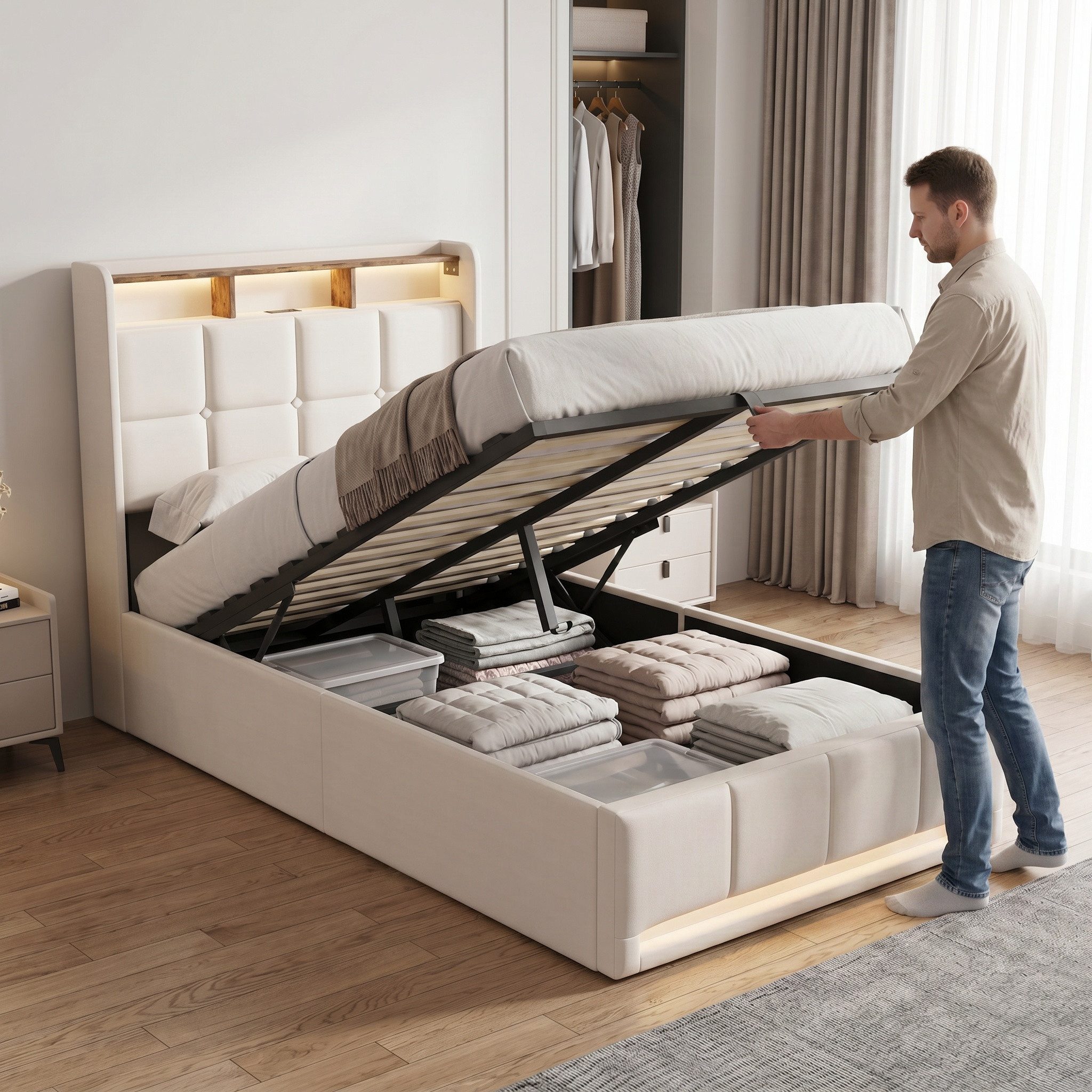 Furnishings Home Polsterbett LED Doppelbett 140x200cm, Stauraumbett mit Kopfteil und 4 Schubladen (Leinenmaterial Polsterbett mit RGB Beleuchtung), mit Lattenrost und Ladefunktion, mit Komforthöhe, Leises Design Bett