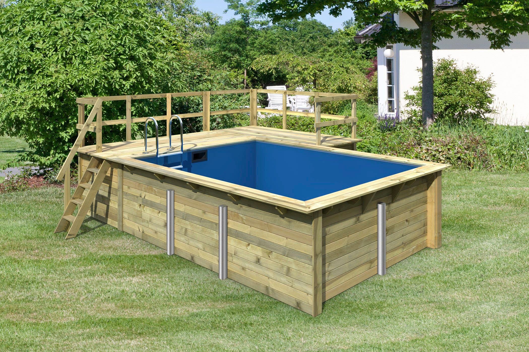 Karibu Rechteckpool Holzpool Roma B, BxLxH: 353x400x124 cm, kesseldruckimprägniert mit 2 Sonnenterassen