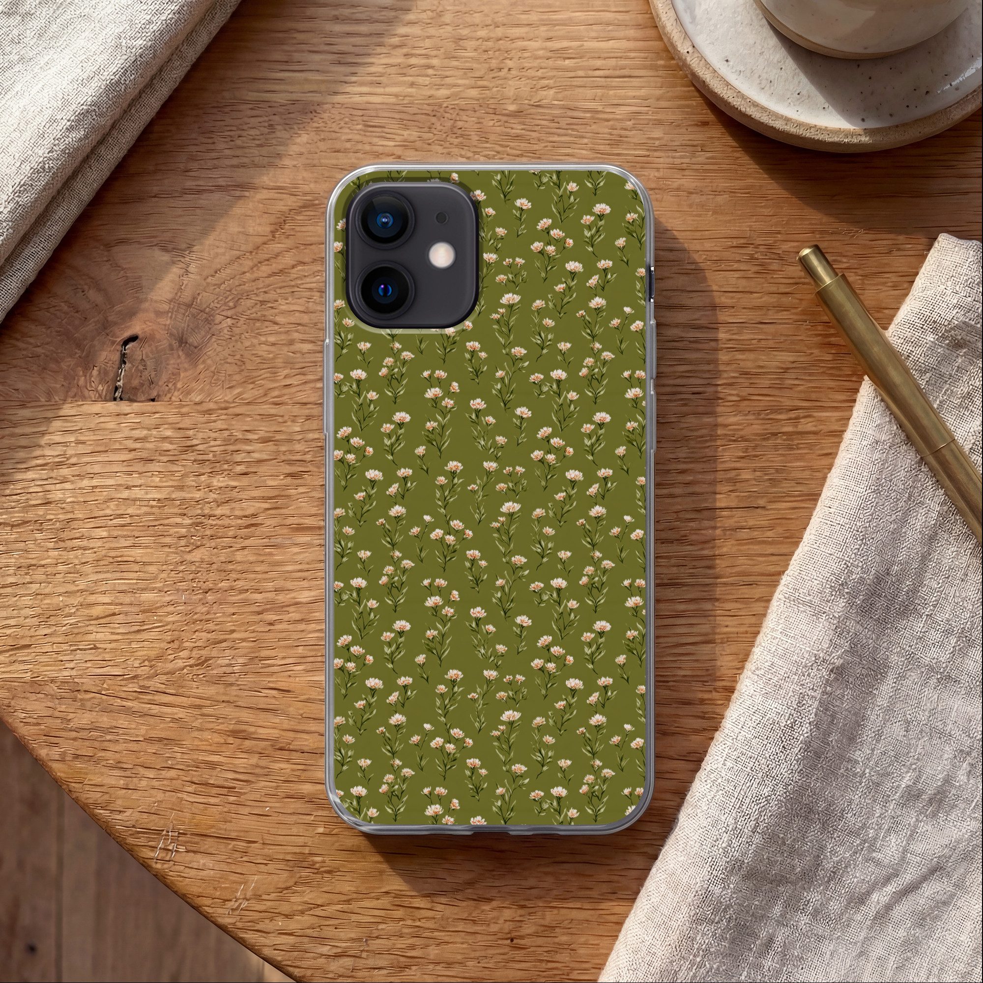 MuchoWow Handyhülle für Apple iPhone 12 Pro Rustikal - Blumen - Grün, Smartphone-Bumper, Print, Handy Schutzhülle Dünn