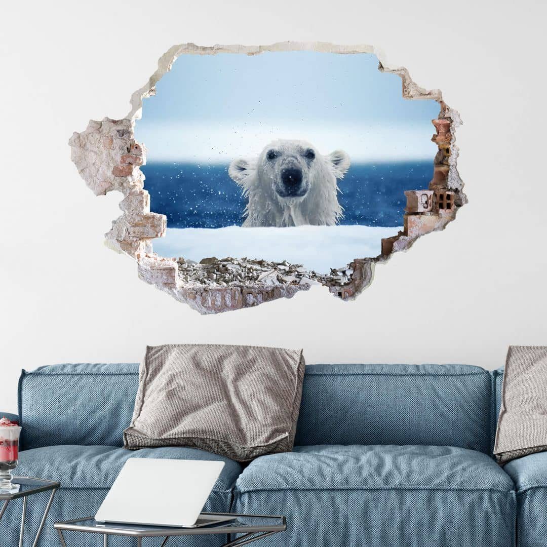 K&L Wall Art Wandtattoo 3D Wandtattoo National Geographic Nordpol Tiere Frecher Baby Eisbär, Mauerdurchbruch Wandbild selbstklebend