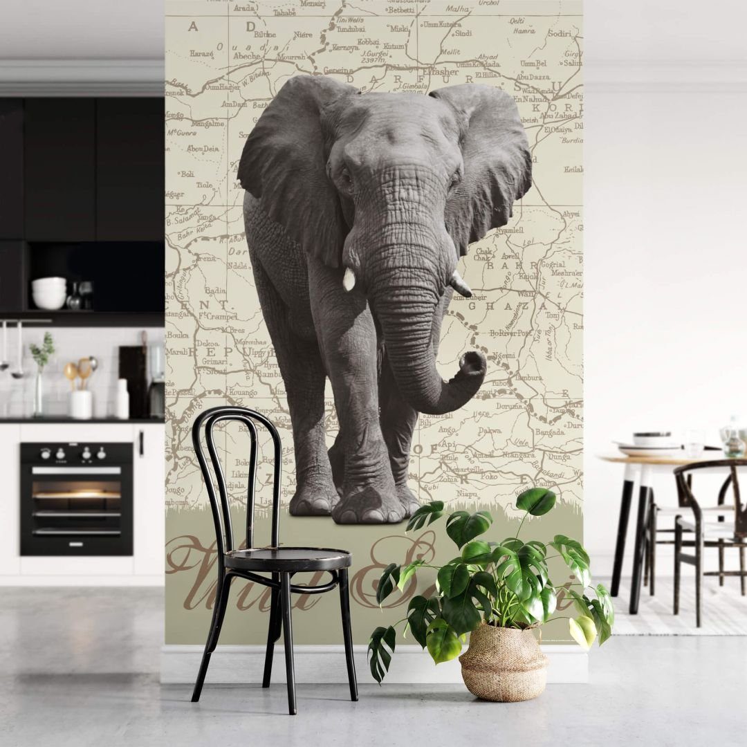 K&L Wall Art Fototapete Große Fototapete Elefant Landkarte Afrika Papiertapete Wild Safari, Wohnzimmer Wandbild modern
