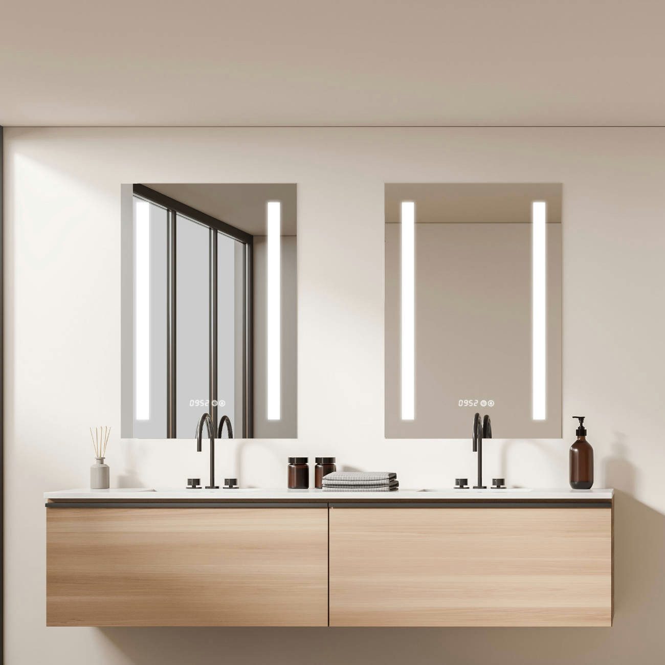 HOKO Badspiegel LED Design Wandspiegel 50x70/60x80cm+Digital Uhr+LED Wechsel (Warmweiß - Kaltweiß - Neutral. Licht mit Touch Schalter und mit Wandschalter einschaltbar. Memory-Funktion.IP44, 5mm HD Glass)