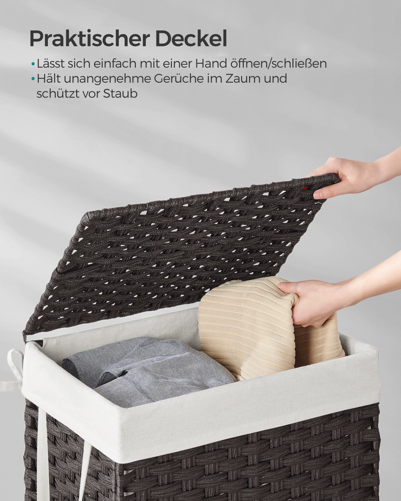SONGMICS Wäschekorb Wäschebox aus synthetischem Rattan, herausnehmbarer Wäschesack, 90 Liter, handgeflochten, mit Deckel und Griffen, faltbar, 46x33x60 cm