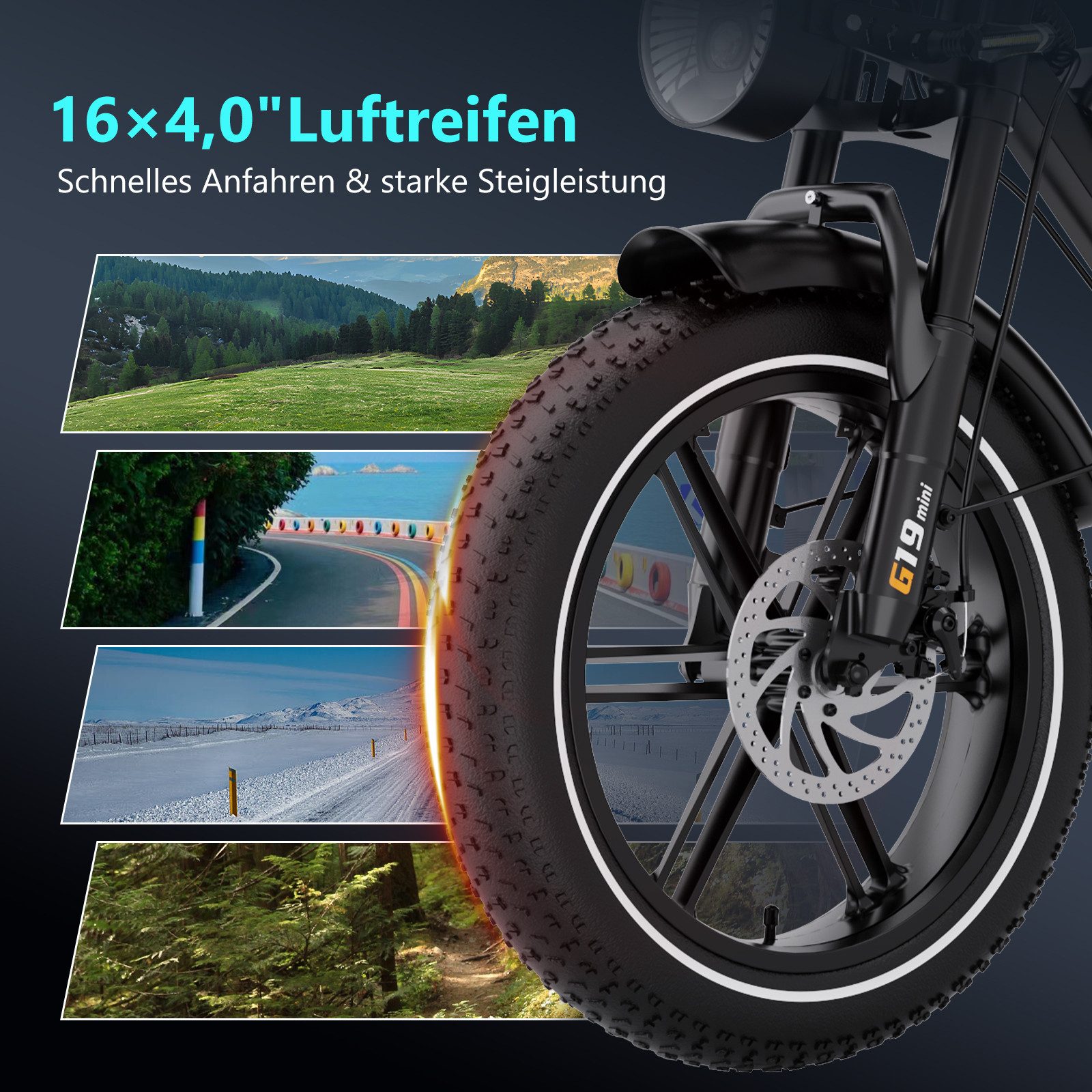 RCB E-Bike Pedelec G19 mini Elektrofahrrad,16x4,0Zoll,Richweite 70-100KM,36V 13Ah,APP&NFC, 7 Gang, Heckmotor, 468 Wh, 630W Spitzenleistung, Drehmomentsensor, bi – Bild 2 von 5