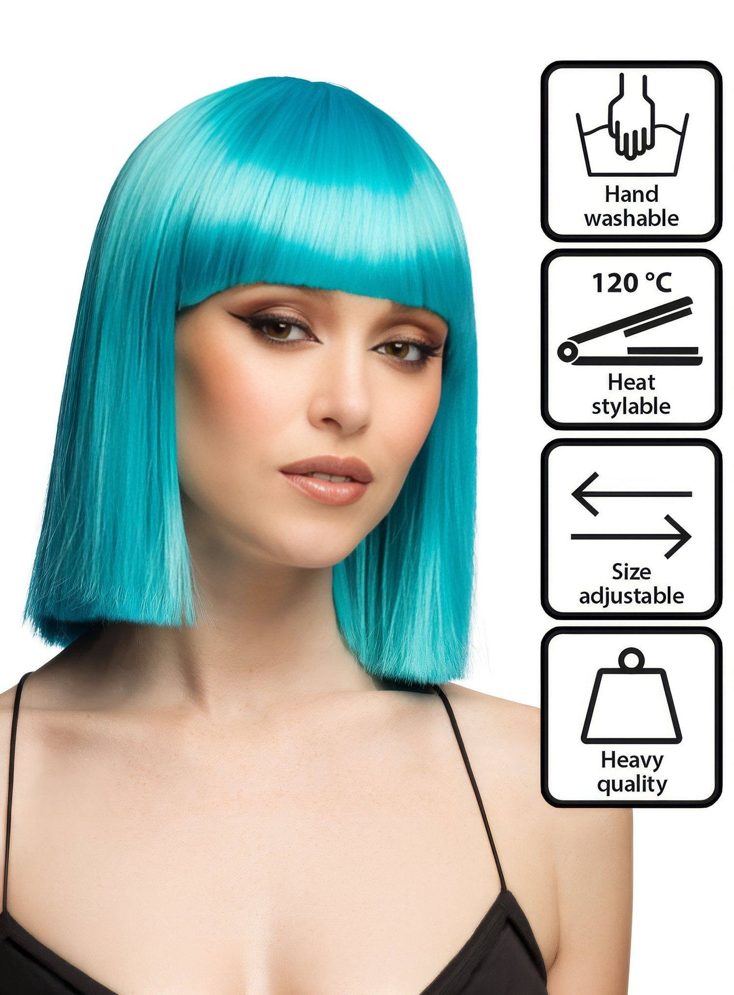 Boland Kostüm-Perücke Blunt Bob mit Pony Perücke azurblau, Hochwertige Perücke mit glatter Kurzhaarfrisur