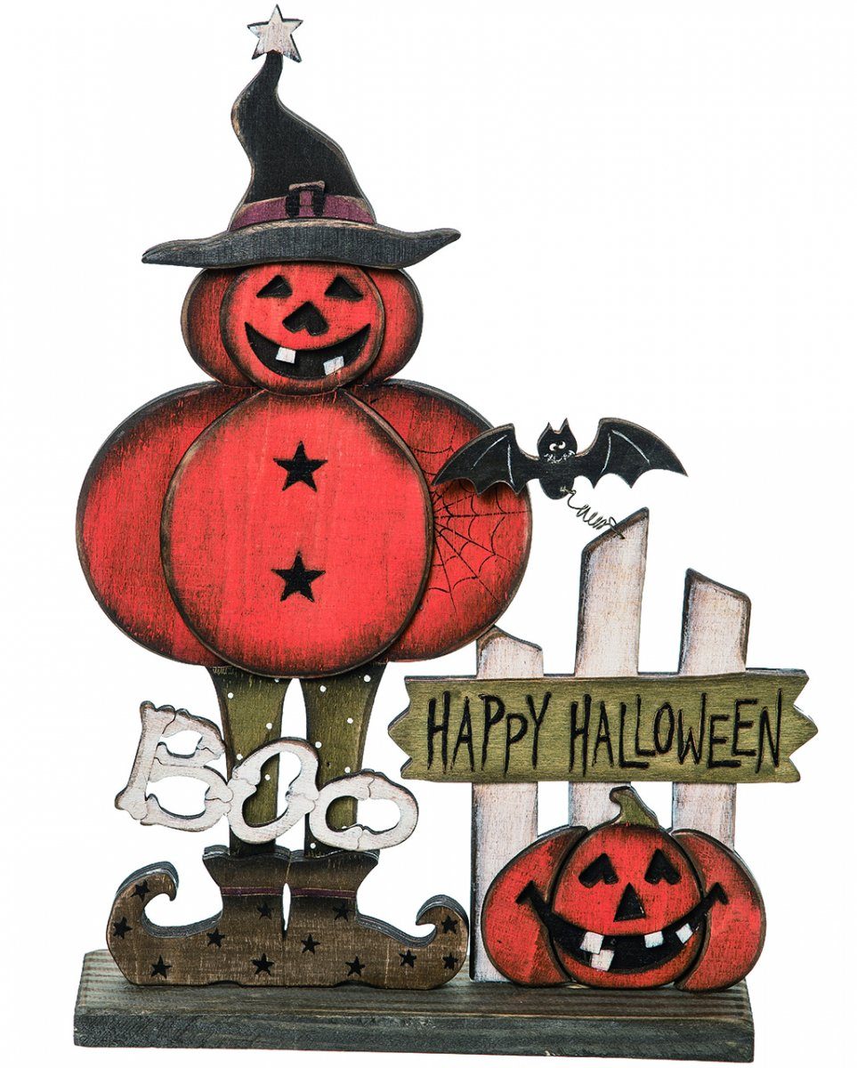 Horror-Shop Dekoobjekt Happy Halloween Kürbisfigur mit Hexenhut als Aufst