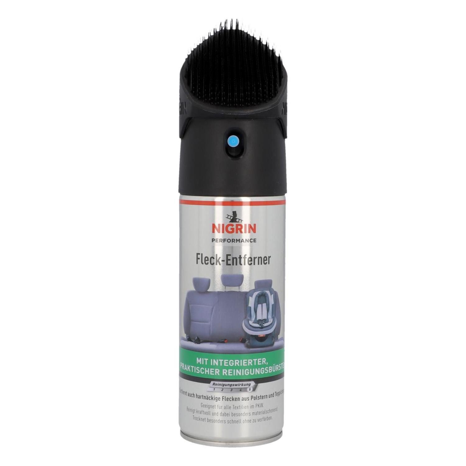 NIGRIN Fleck-Entferner mit Bürste Textil-Reiniger Polster Fleckentferner (1-St. 1x Performance Fleck-Entferner 300ml Flecken-Entferner Auto Öl Fett Textil-Oberflächen Bürstenkopf Tenside)