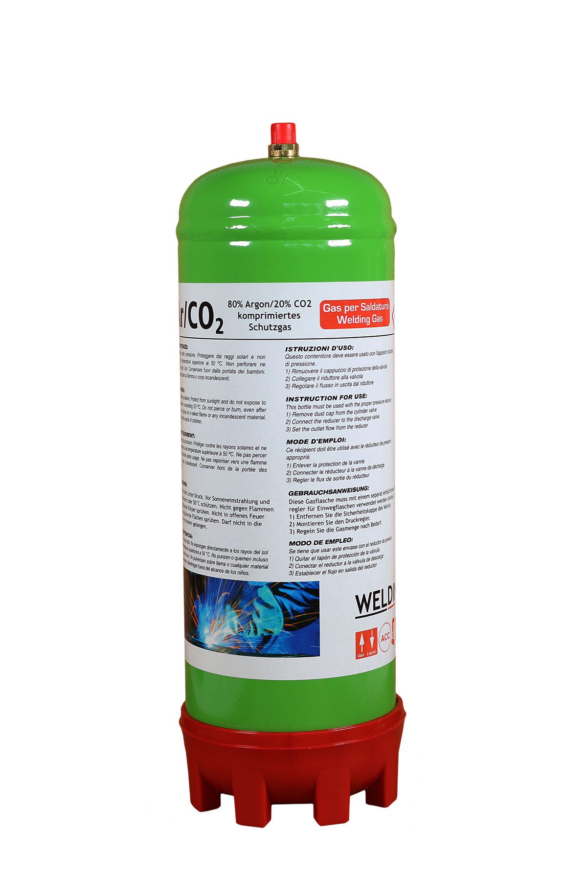 WELDINGER Gas Mischgas Einwegflasche 2,0 Liter, 20 % Co² + 80 % Argon, MAG-Schweißen