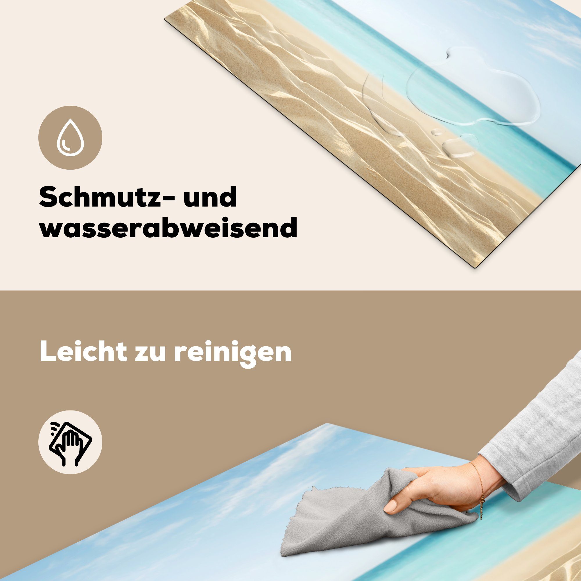Schutz MuchoWow Vinyl, küche, cm, - die Herdblende-/Abdeckplatte (1 - 81x52 Strand tlg), für Meer Sand, Ceranfeldabdeckung Induktionskochfeld
